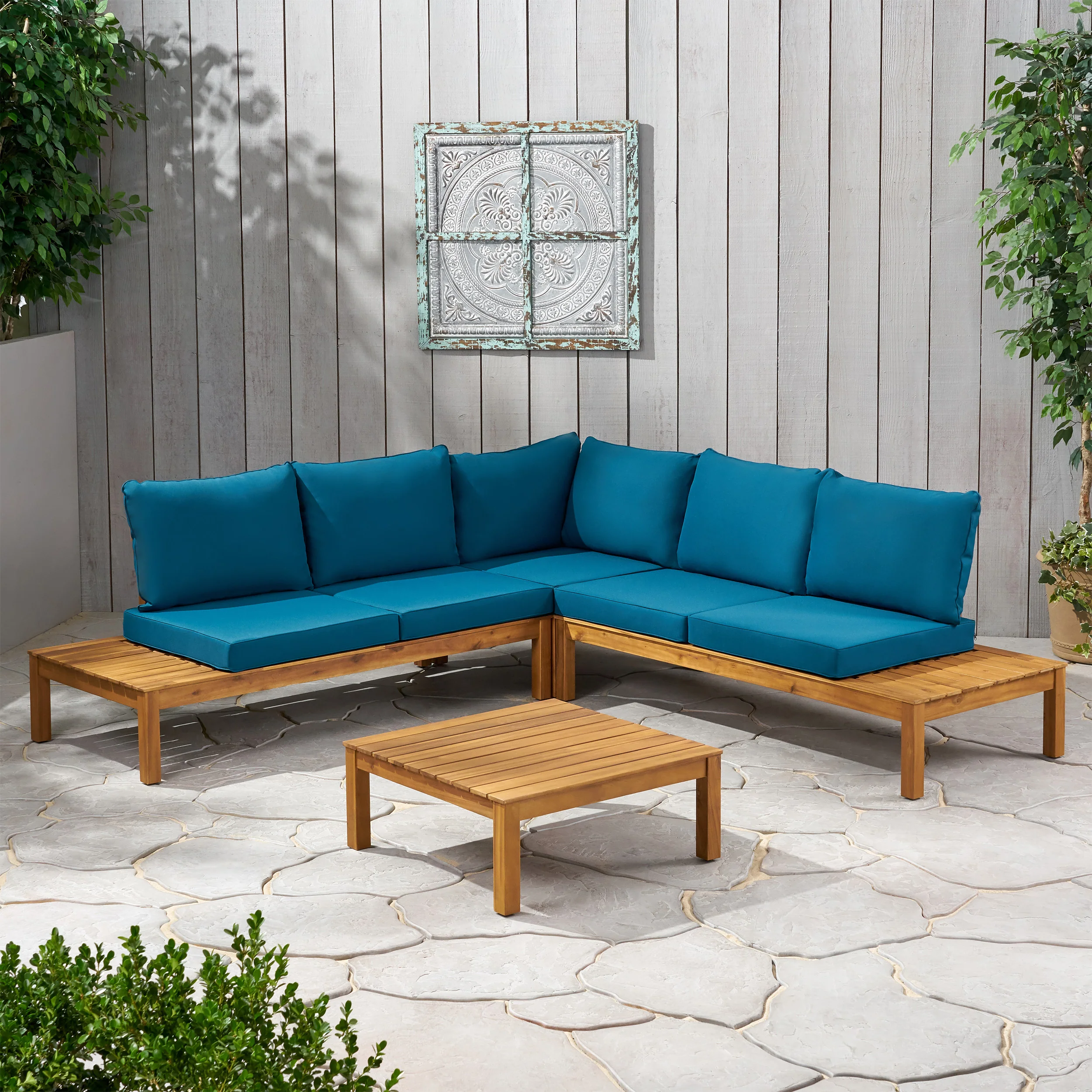 Vashti Outdoor 5 Seater V Shaped Acacia Wood Sectional Sofa Set with Cushions - furnishings