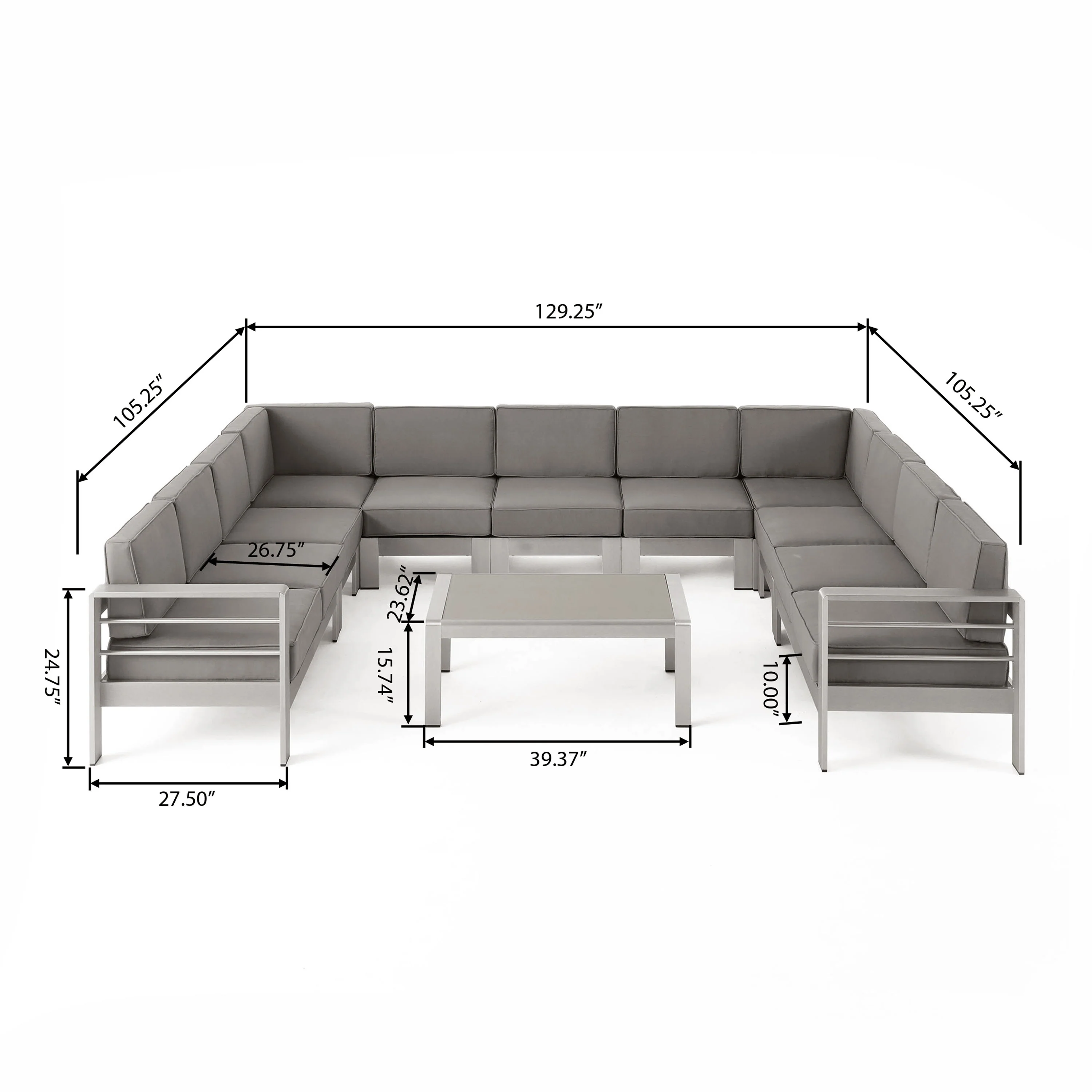 Enid Outdoor 11 Seater Aluminum U-Shaped Sofa Sectional and Table Set - furnishings
