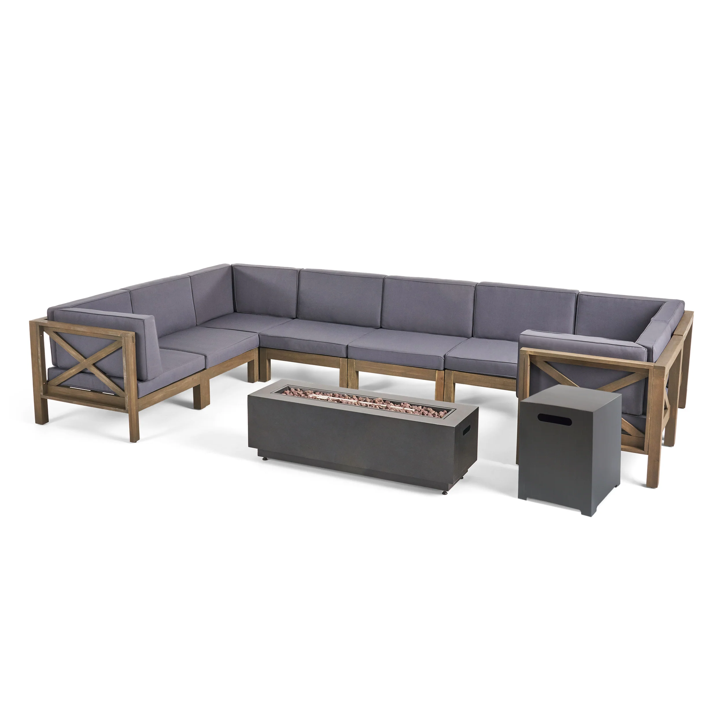 Muriel Outdoor Farmhouse Acacia Wood 8 Seater U-Shaped Sectional Sofa Set with Fire Pit - furnishings