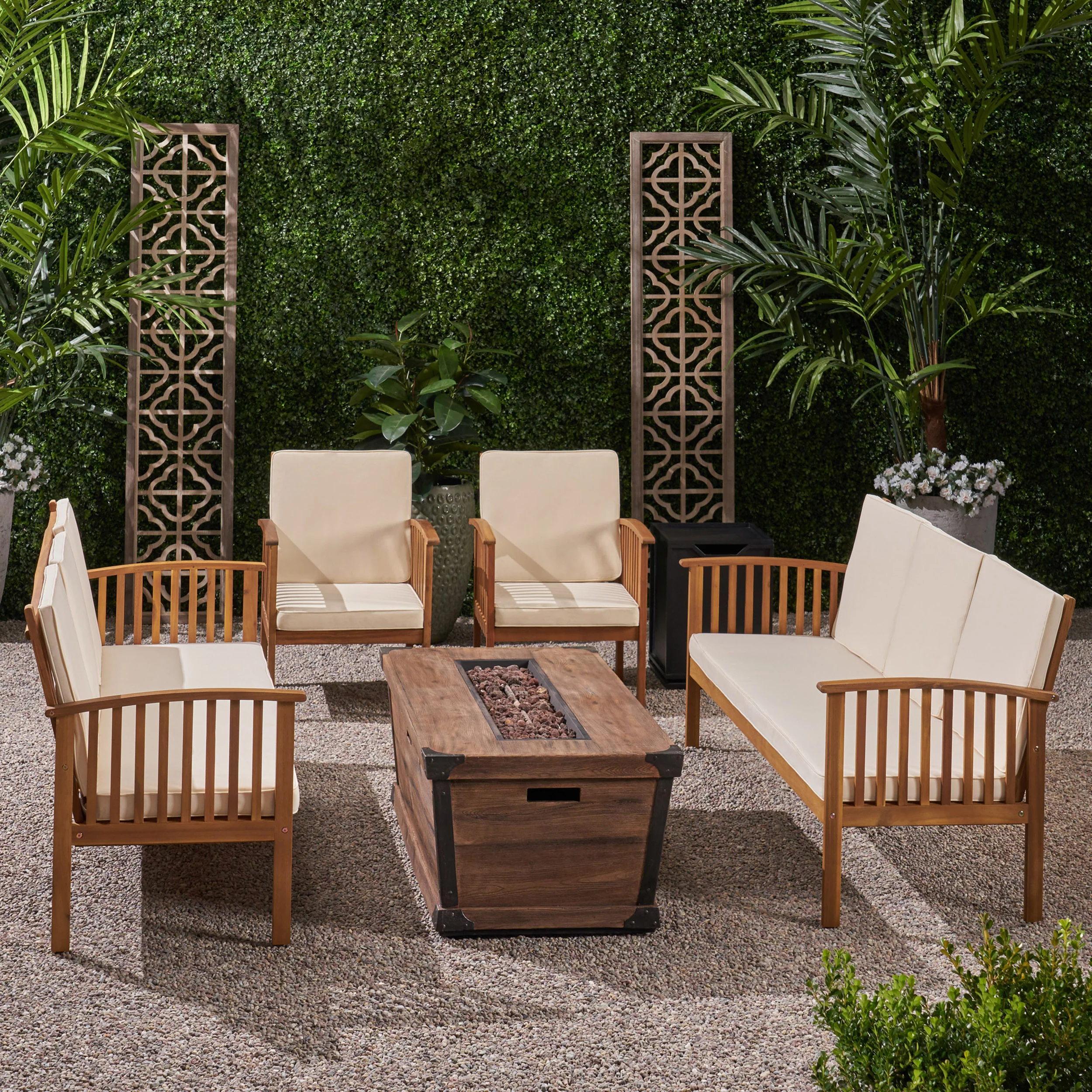 Beckley Outdoor 4 Piece Acacia Wood Conversational Sofa Set with Cushions and Fire Pit - furnishings