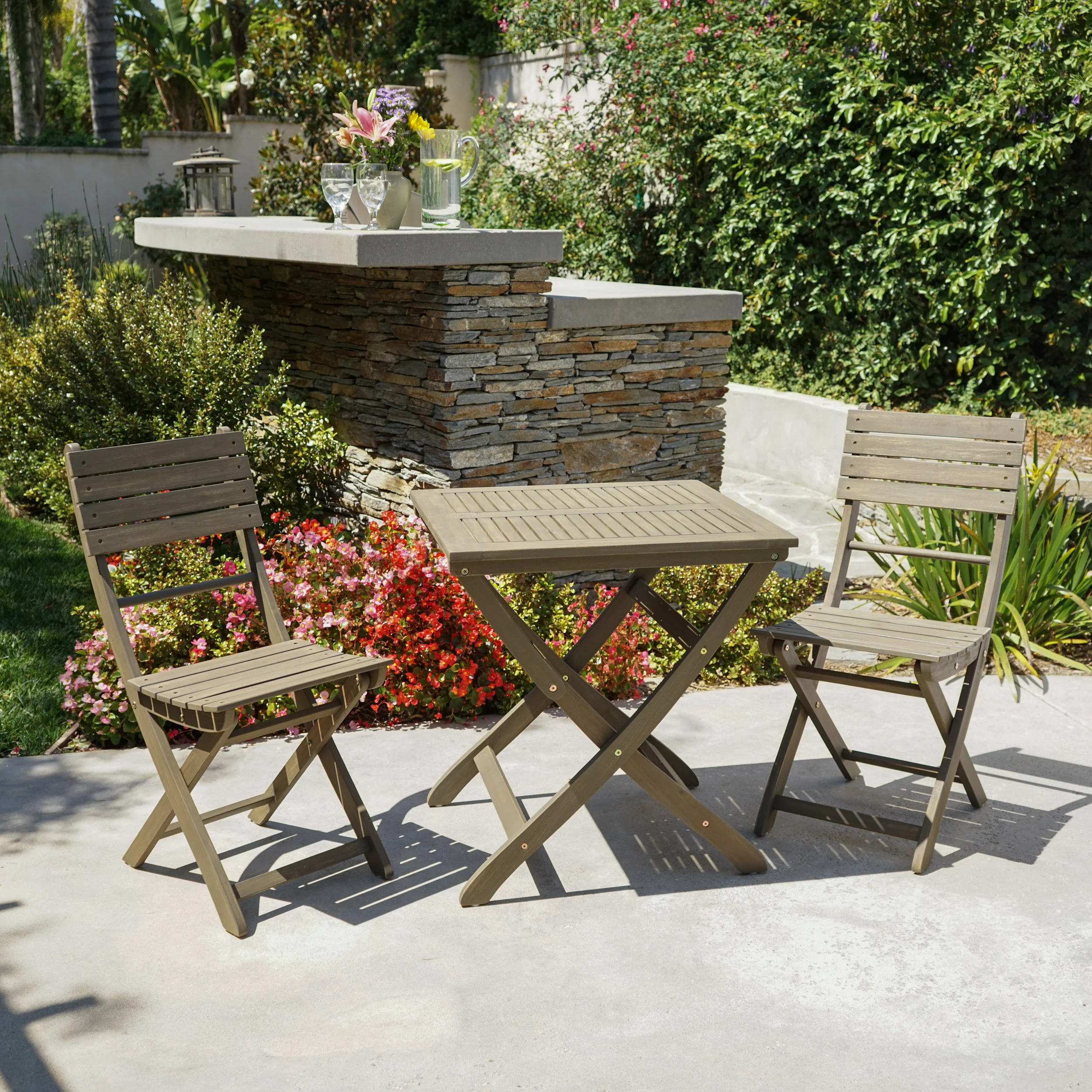 Versaille Outdoor 3 Piece Foldable Grey Finished Acacia Wood Bistro Set - furnishings