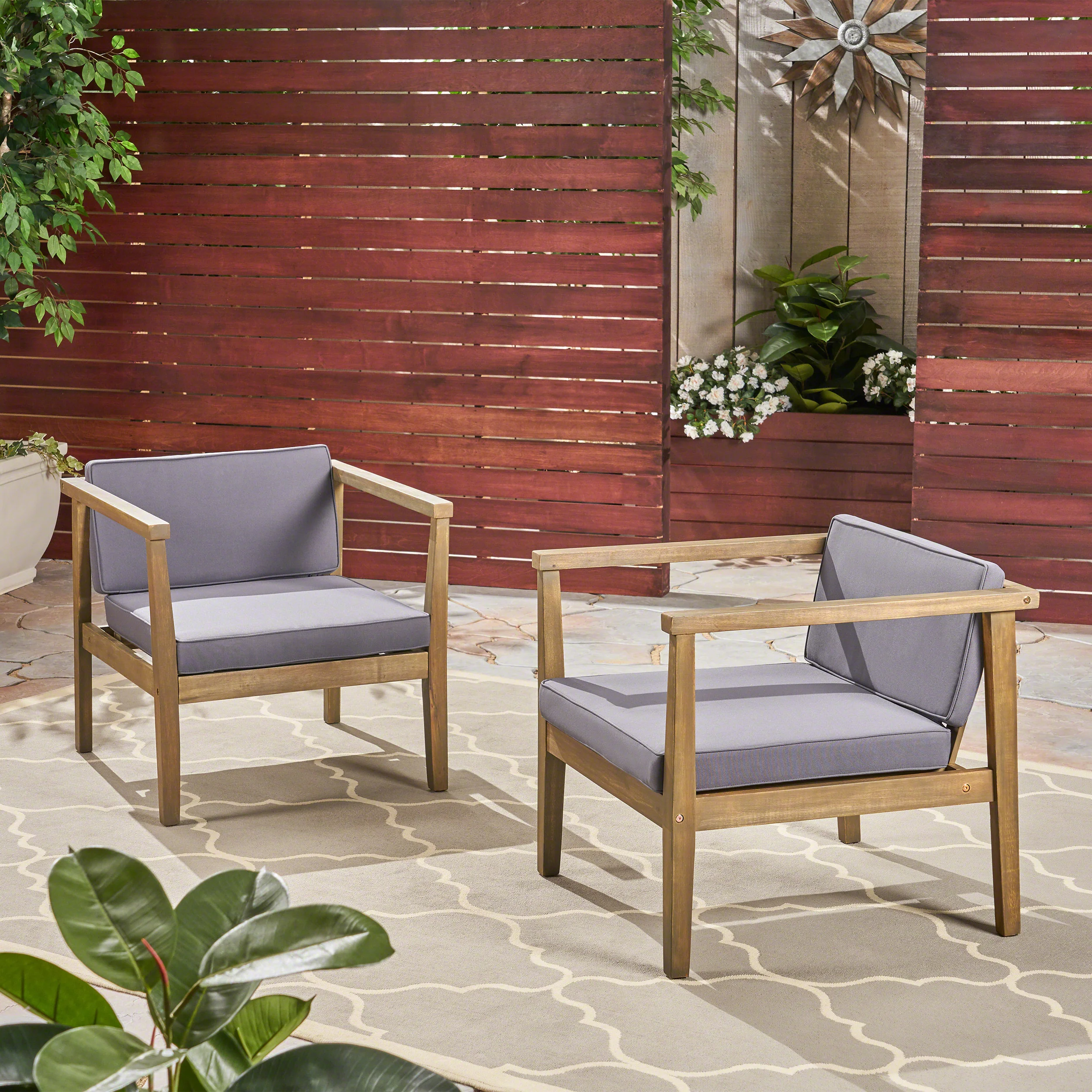 Thomson Outdoor Acacia Wood Club Chairs with Water-Resistant Cushions (Set of 2) - furnishings