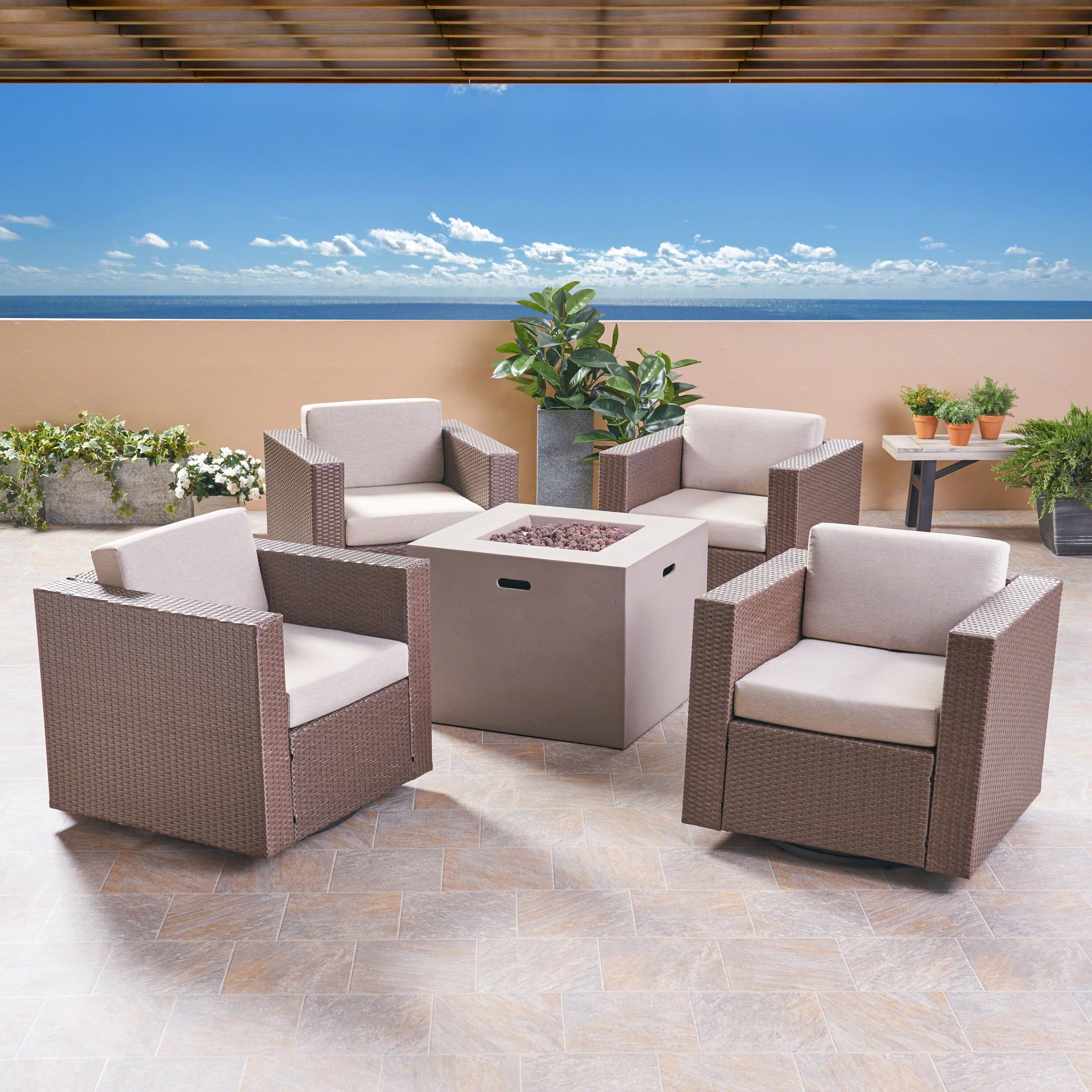 Fuller Outdoor 4 Piece Club Chair Set with Square Fire Pit - furnishings