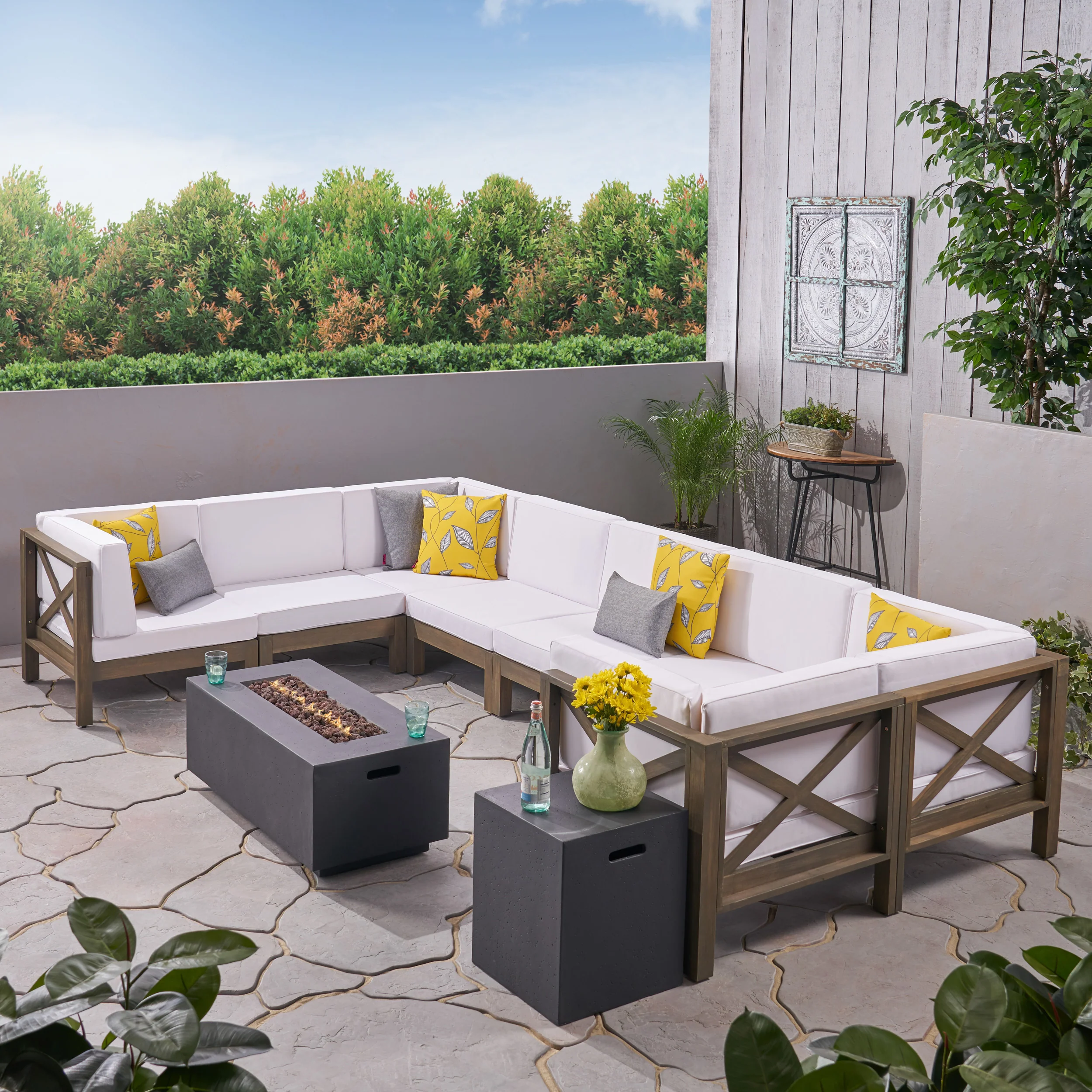 Cynthia Outdoor Acacia Wood 10-Piece U-Shaped Sectional Sofa Set with Fire Pit - furnishings