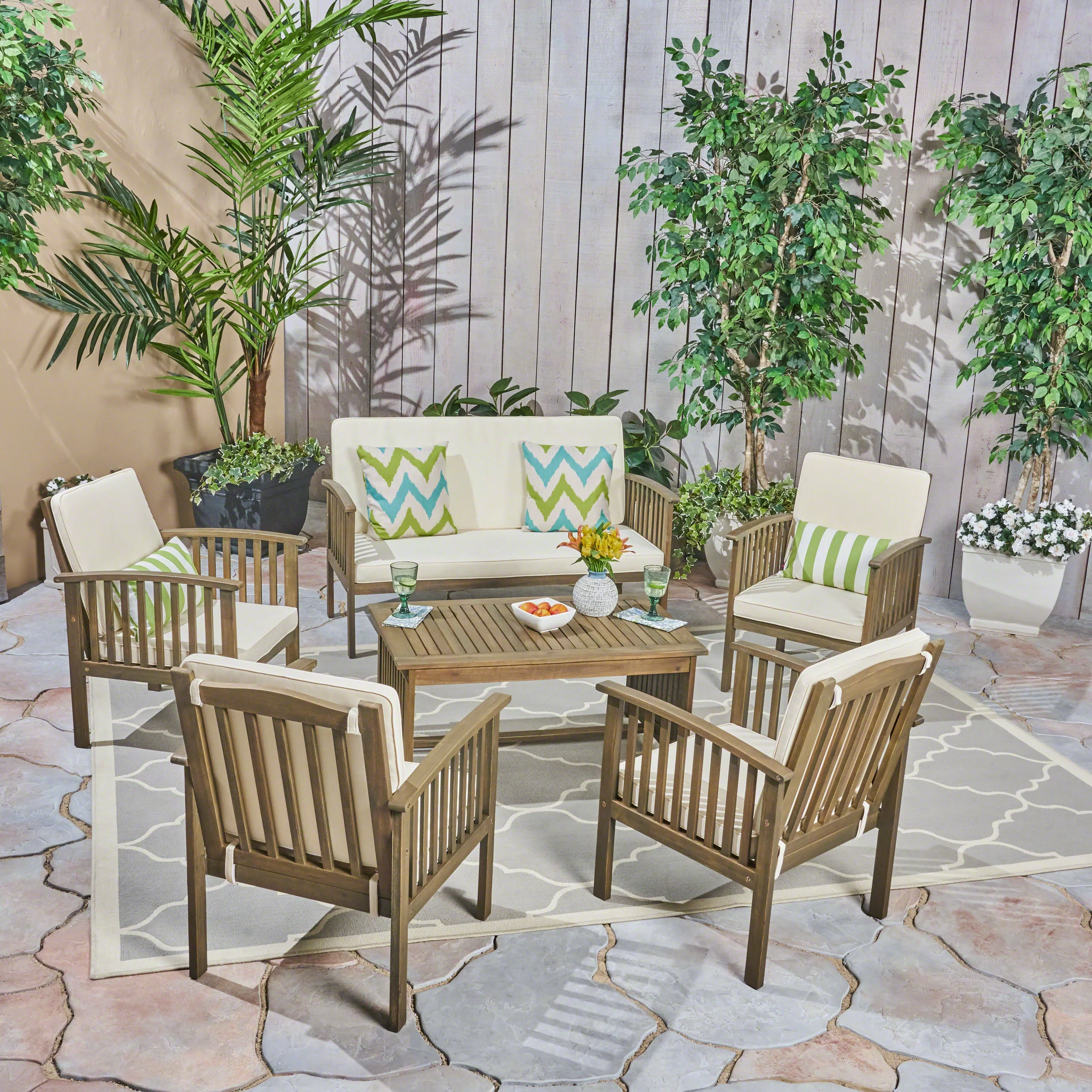 Parry Outdoor Open Slat 6-Seater Acacia Wood Conversation Set with Coffee Table - furnishings