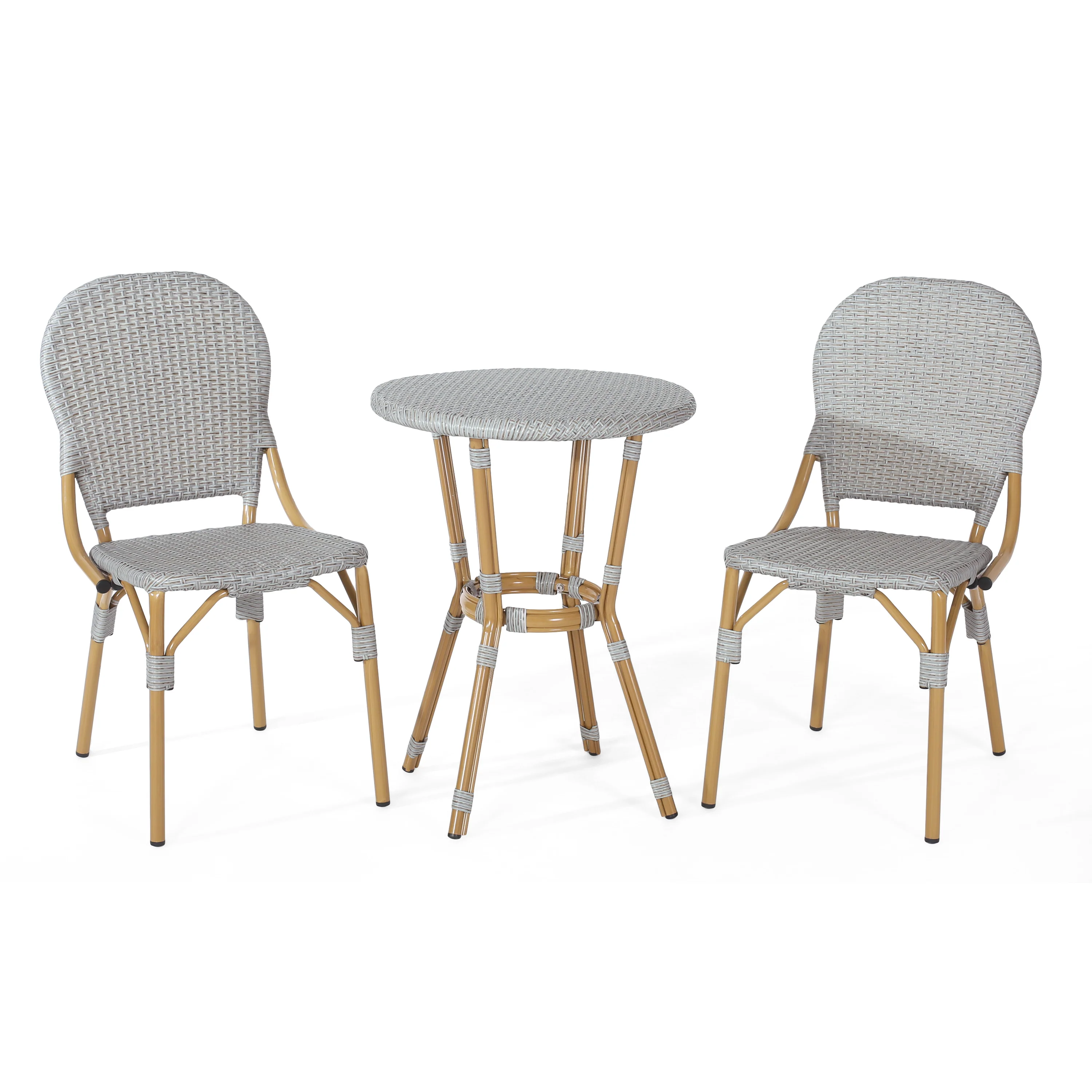 Gallia Outdoor Aluminum French Bistro Set, Gray and Bamboo Print - furnishings