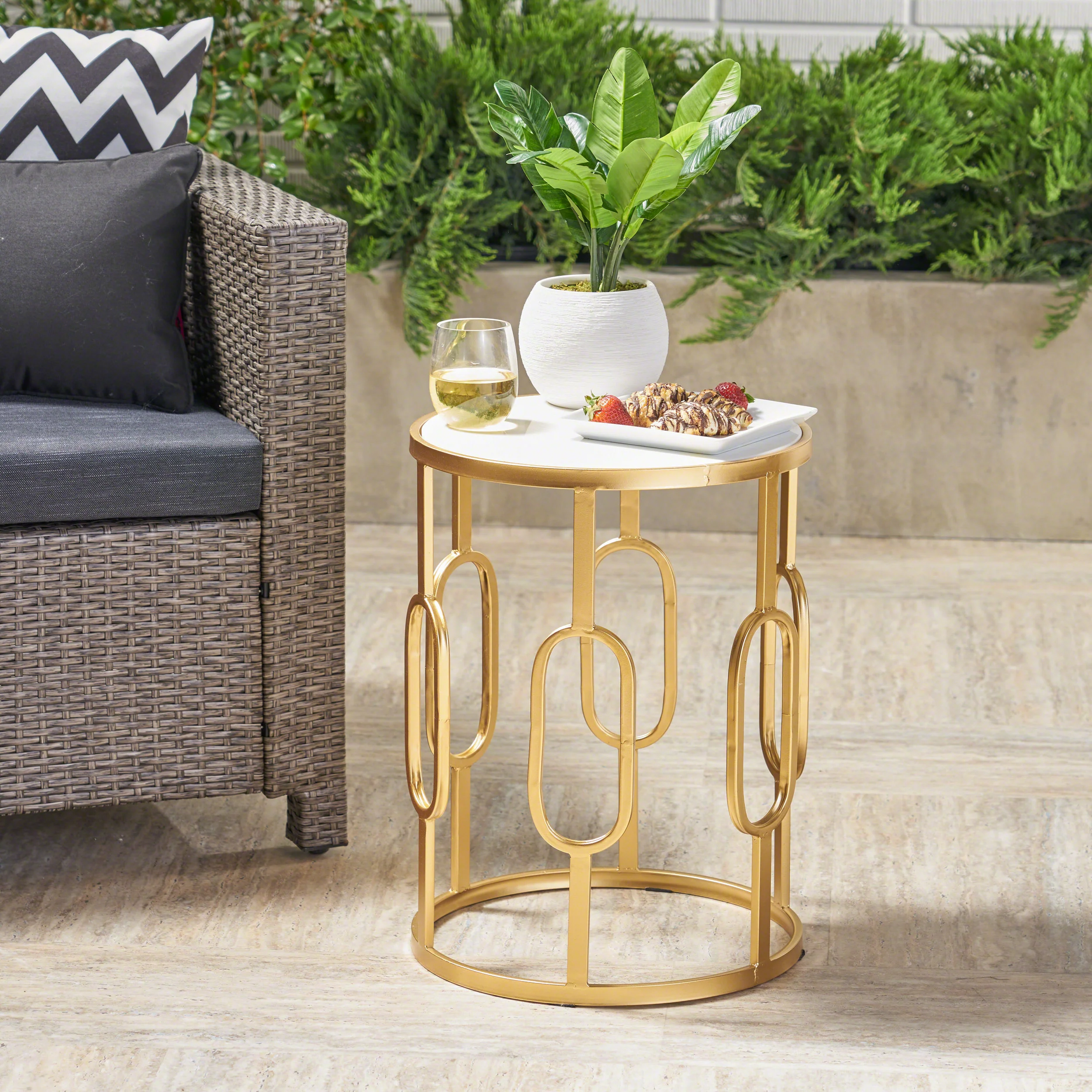 Madison Indoor/Outdoor Glam Faux Stone Side Table, White and Gold - furnishings