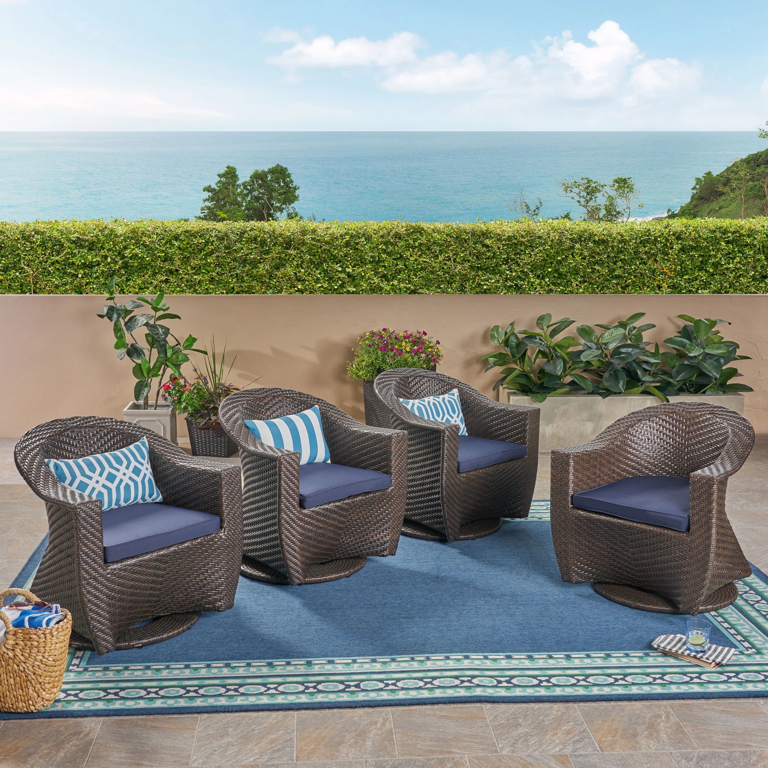 Florence Patio Swivel Chairs, Wicker with Outdoor Cushions, Multi-Brown and Navy Blue - furnishings