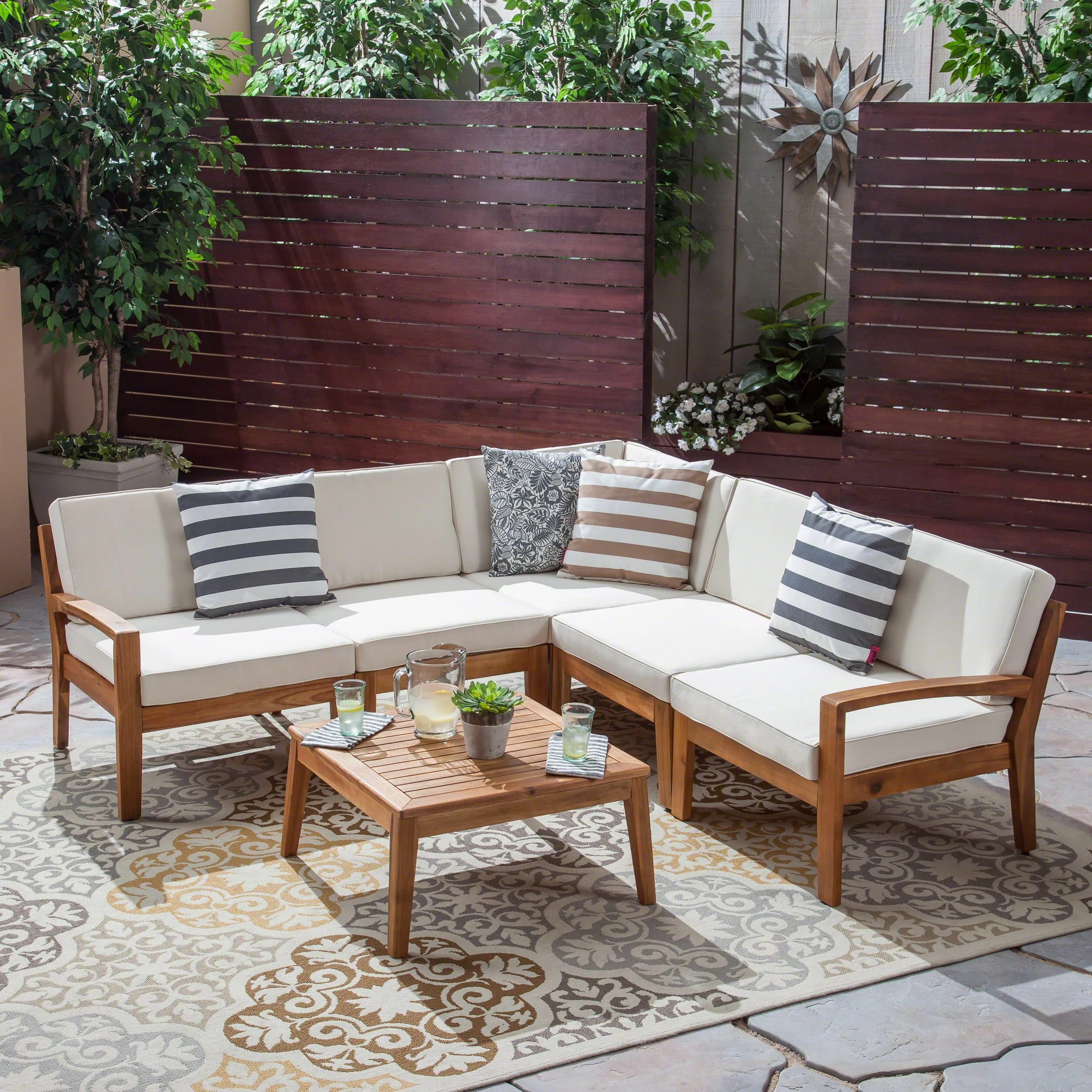 Roy Outdoor Acacia Wood 5 Seater Sectional Sofa Set with Coffee Table - furnishings