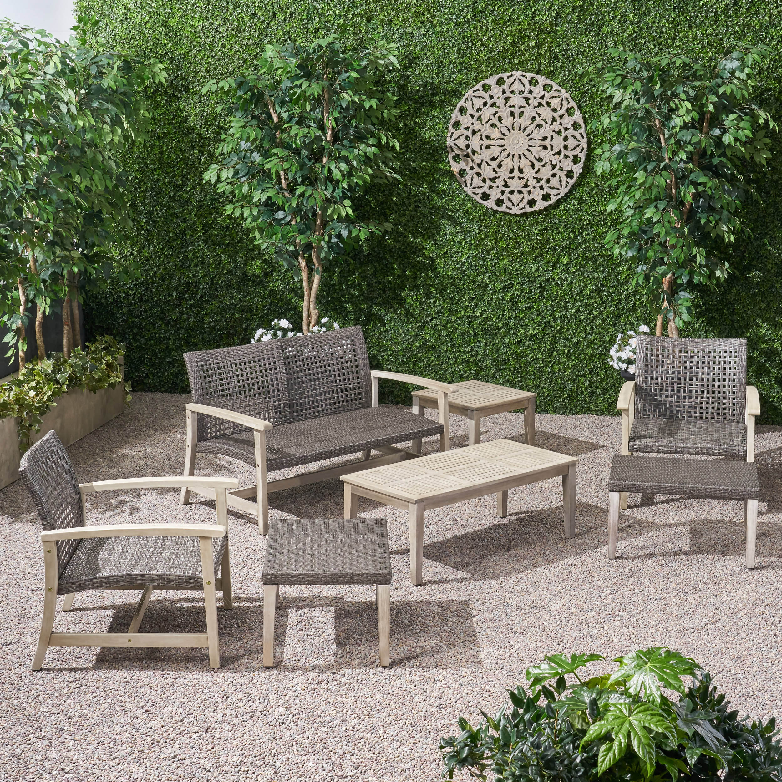 Savannah Outdoor 7 Piece Wood and Wicker Chat Set - furnishings