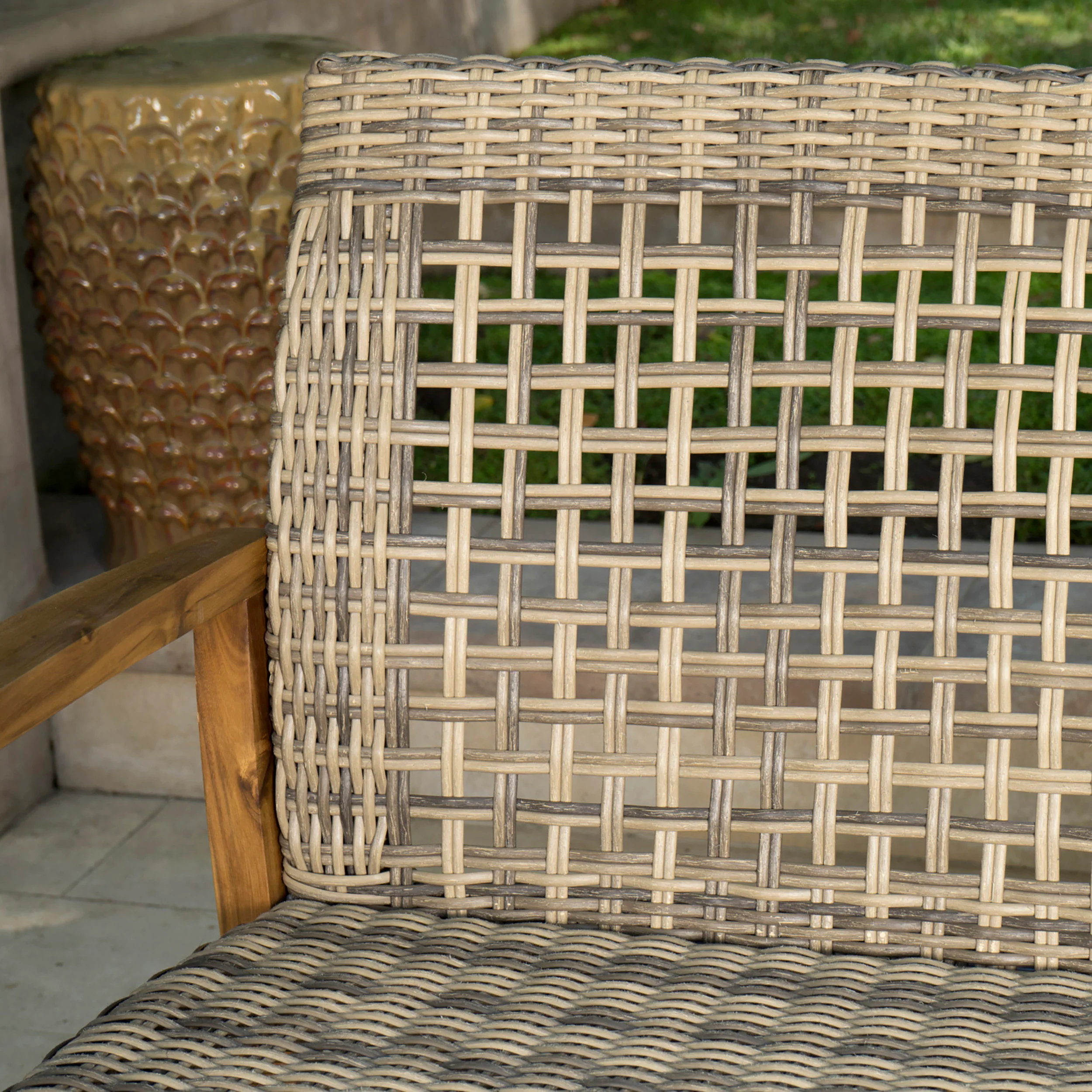 Hunter Outdoor 4 Piece Wicker Chat Set with Natural Stained Acacia Wood Frame - furnishings