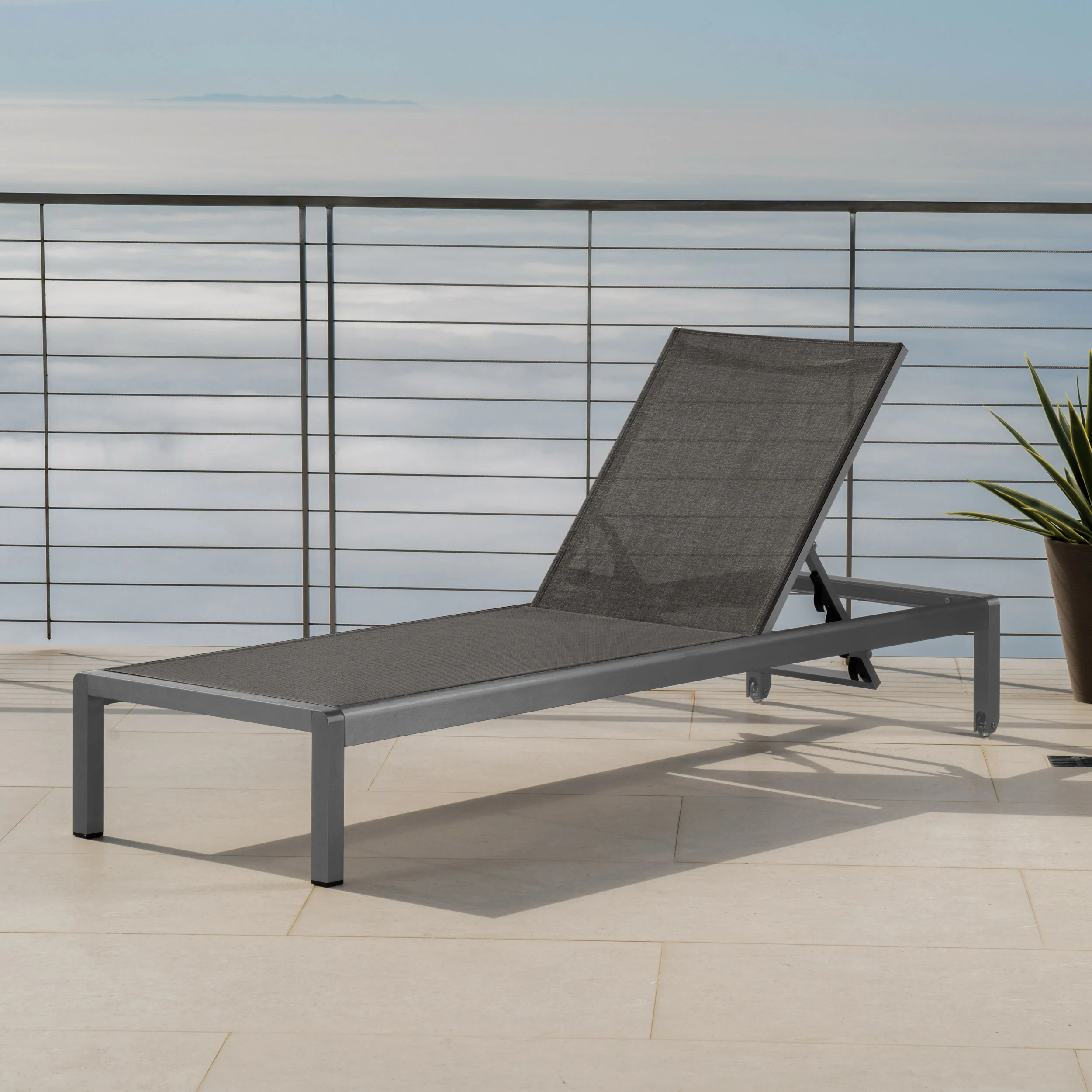 Crested Bay Outdoor Grey Aluminum Chaise Lounge with Dark Grey Mesh Seat - furnishings
