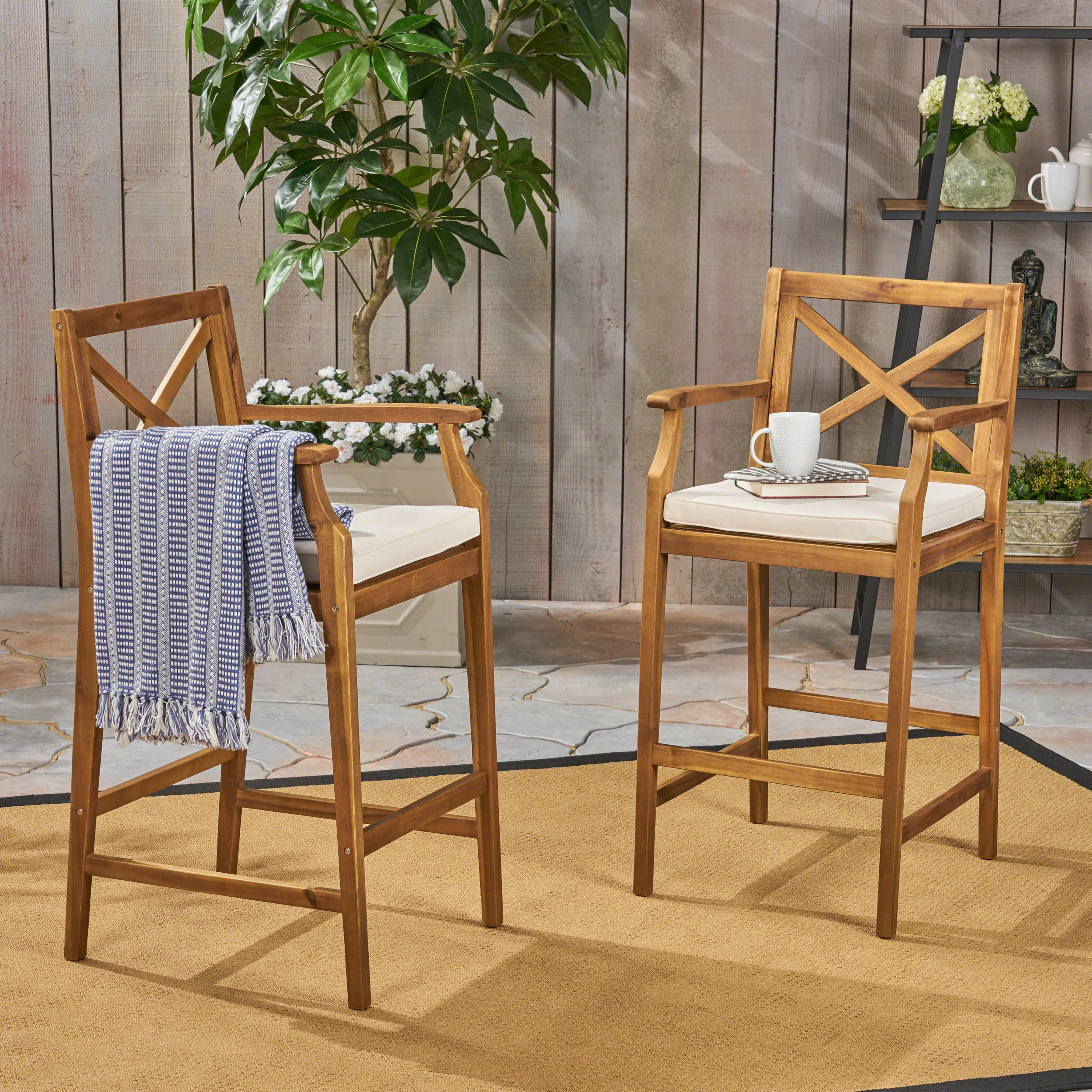 Logan Outdoor Acacia Wood Barstool (set of 2) - furnishings