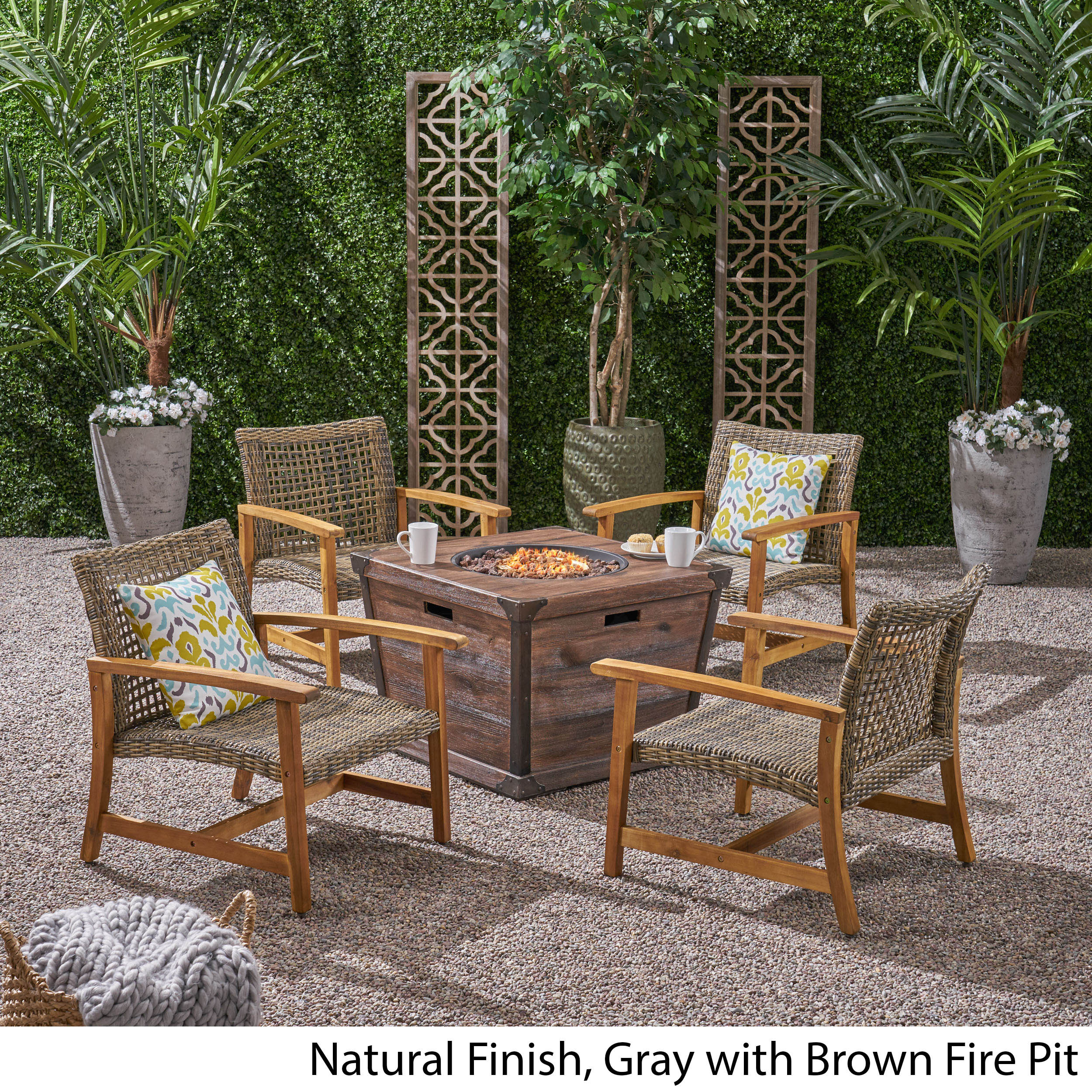 Levant Outdoor 4-Seater Wood and Wicker Club Chair Set with Fire Pit - furnishings