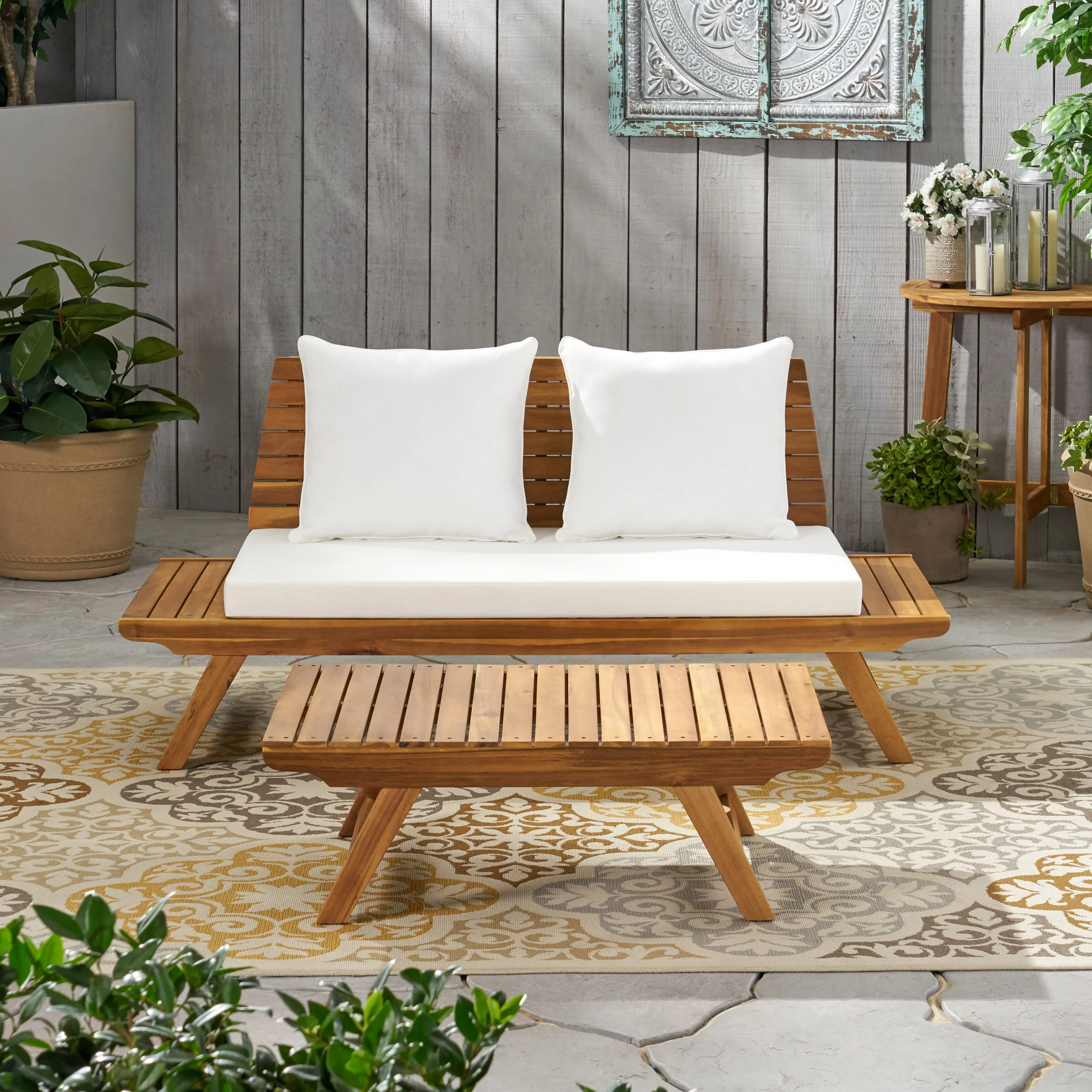 Kaiya Outdoor 2 Seater Acacia Wood Loveseat and Coffee Table Set - furnishings
