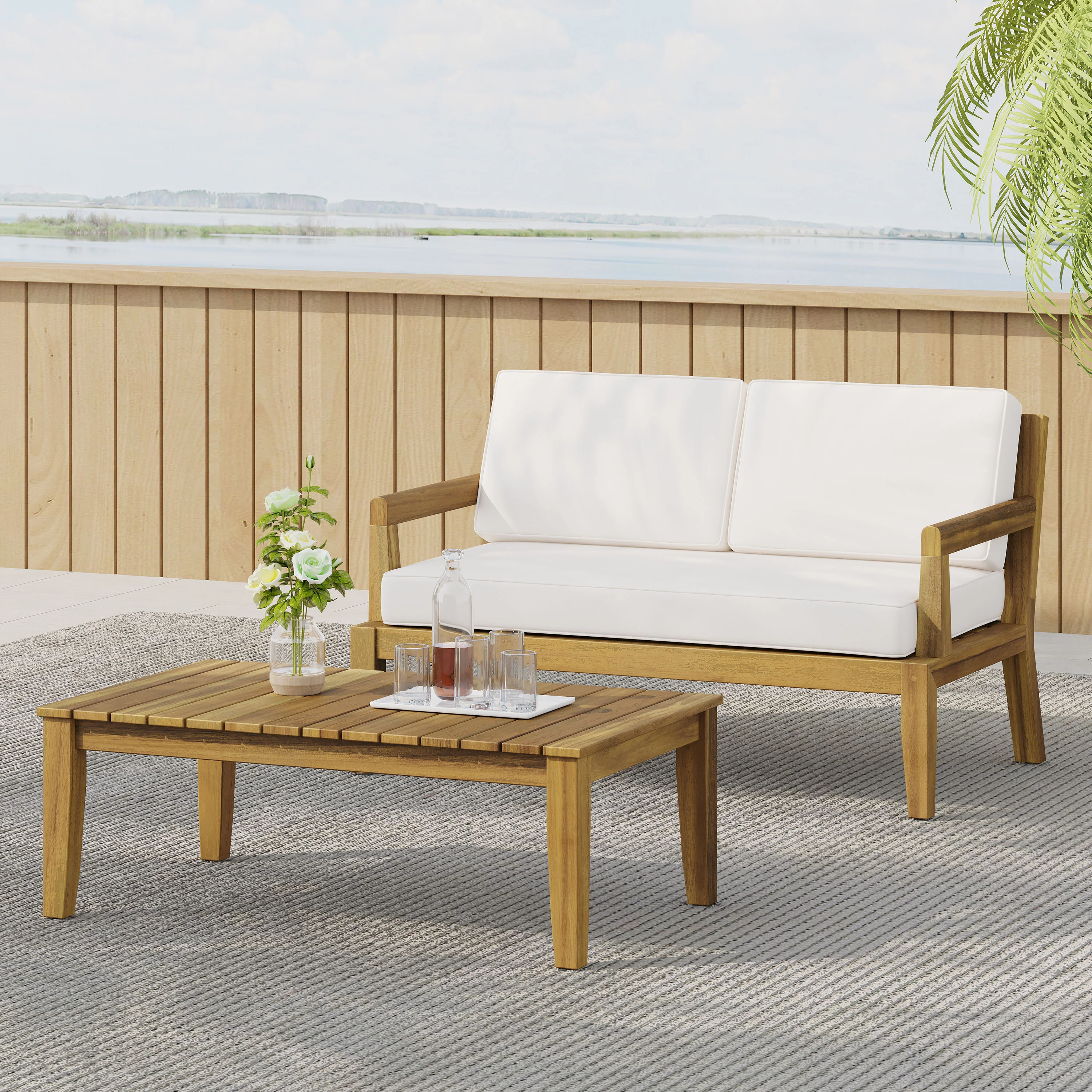 Camak Outdoor Acacia Wood Loveseat and Coffee Table Set, Teak, Beige - furnishings