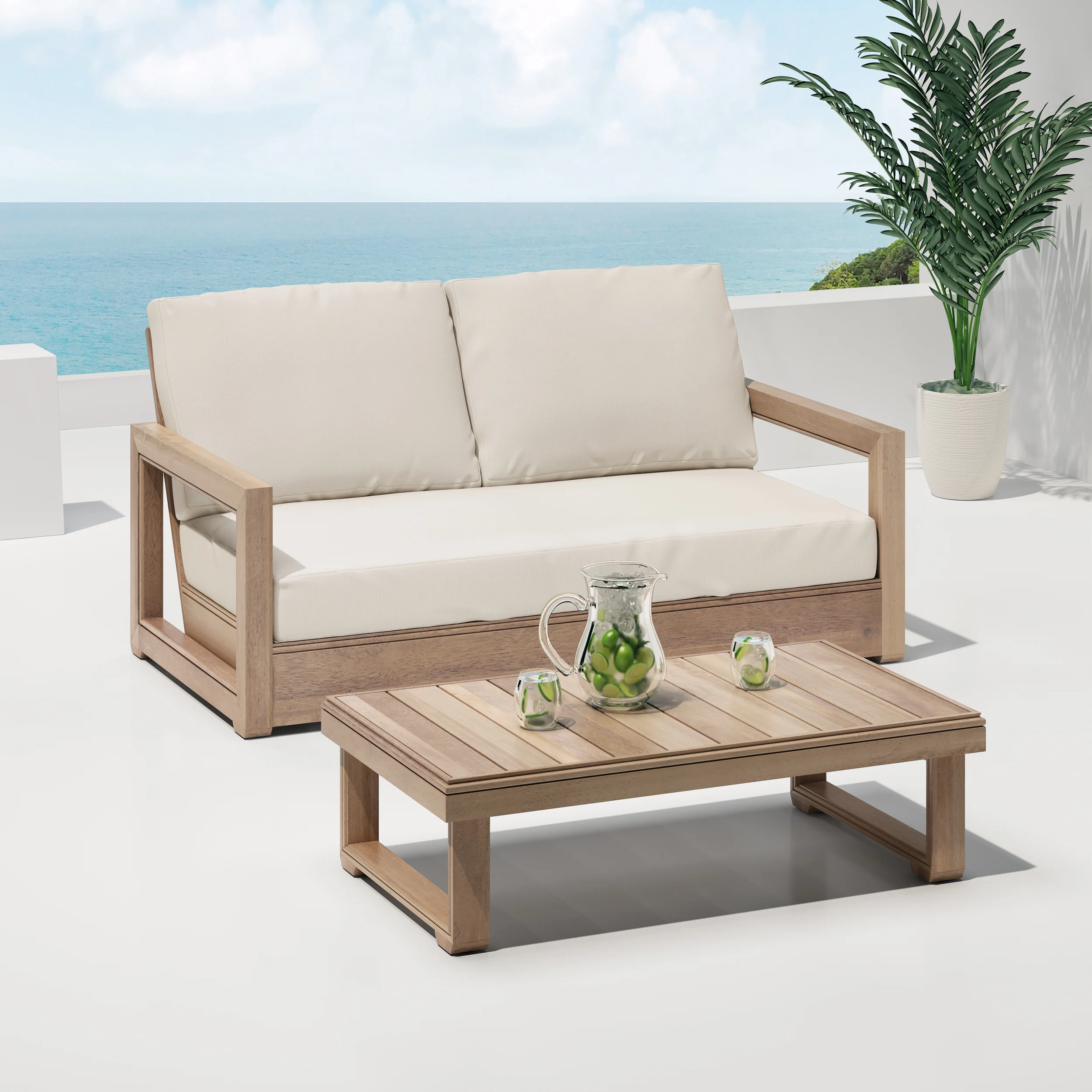 Andrae Outdoor Acacia Wood Loveseat Set with Coffee Table - furnishings