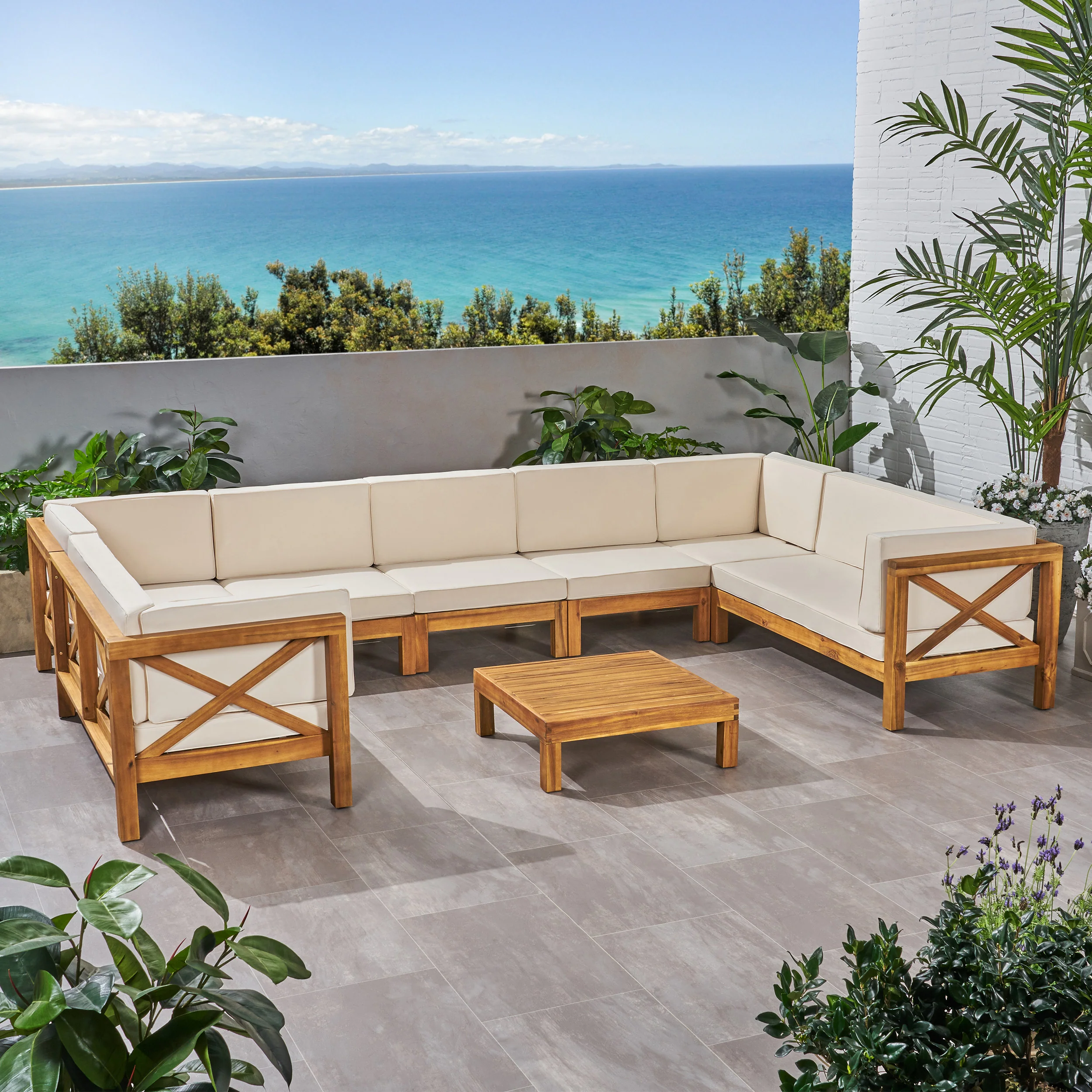Isabella Outdoor 9 Seater Acacia Wood Sectional Sofa Set - furnishings