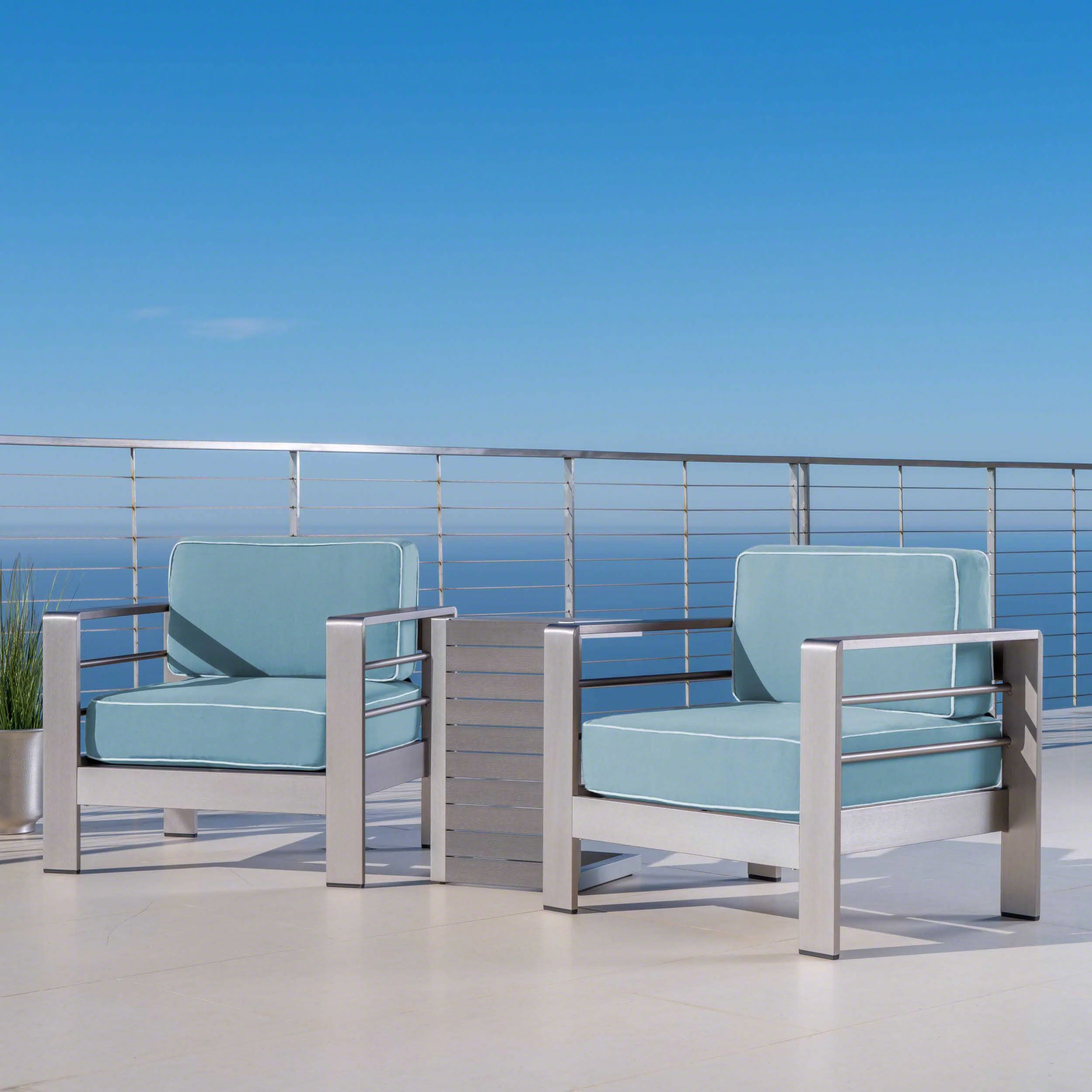 Crested Bay Outdoor 3 Piece Aluminum Framed Chat Set with Wicker C-Shaped Side Table - furnishings
