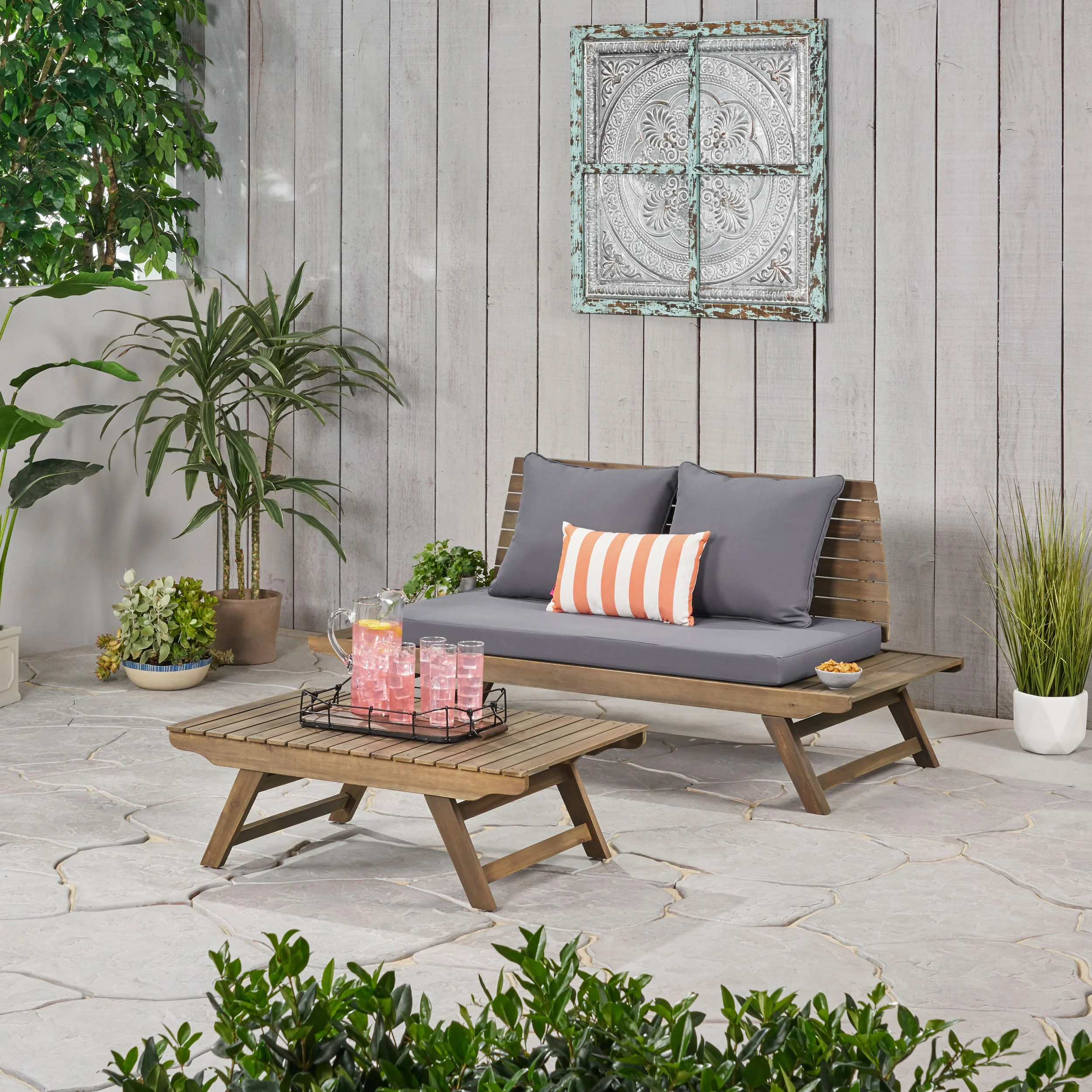 Enid Outdoor 2 Seater Acacia Wood Loveseat and Coffee Table Set - furnishings