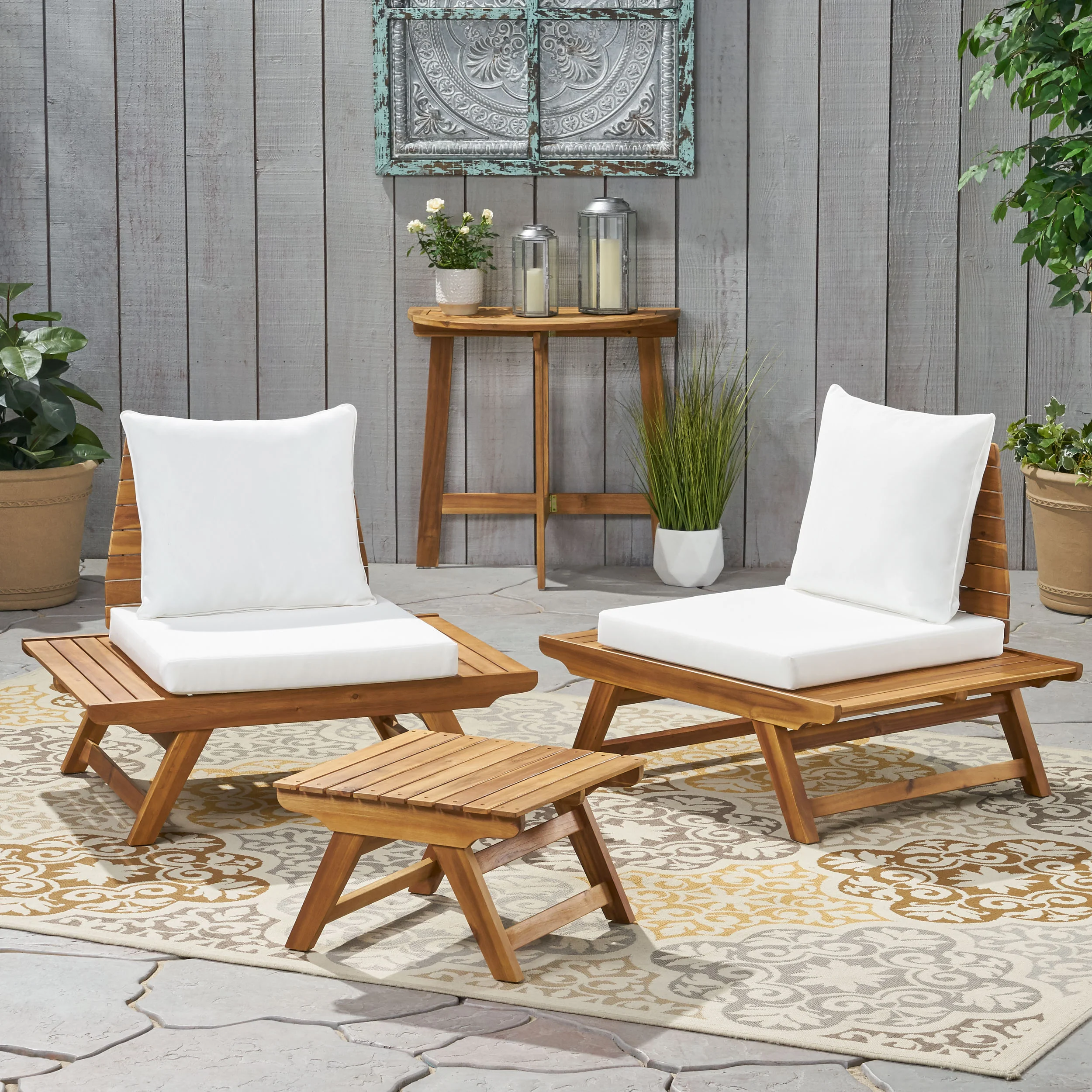 Kaiya Outdoor 2 Seater Acacia Wood Club Chairs and Side Table Set - furnishings