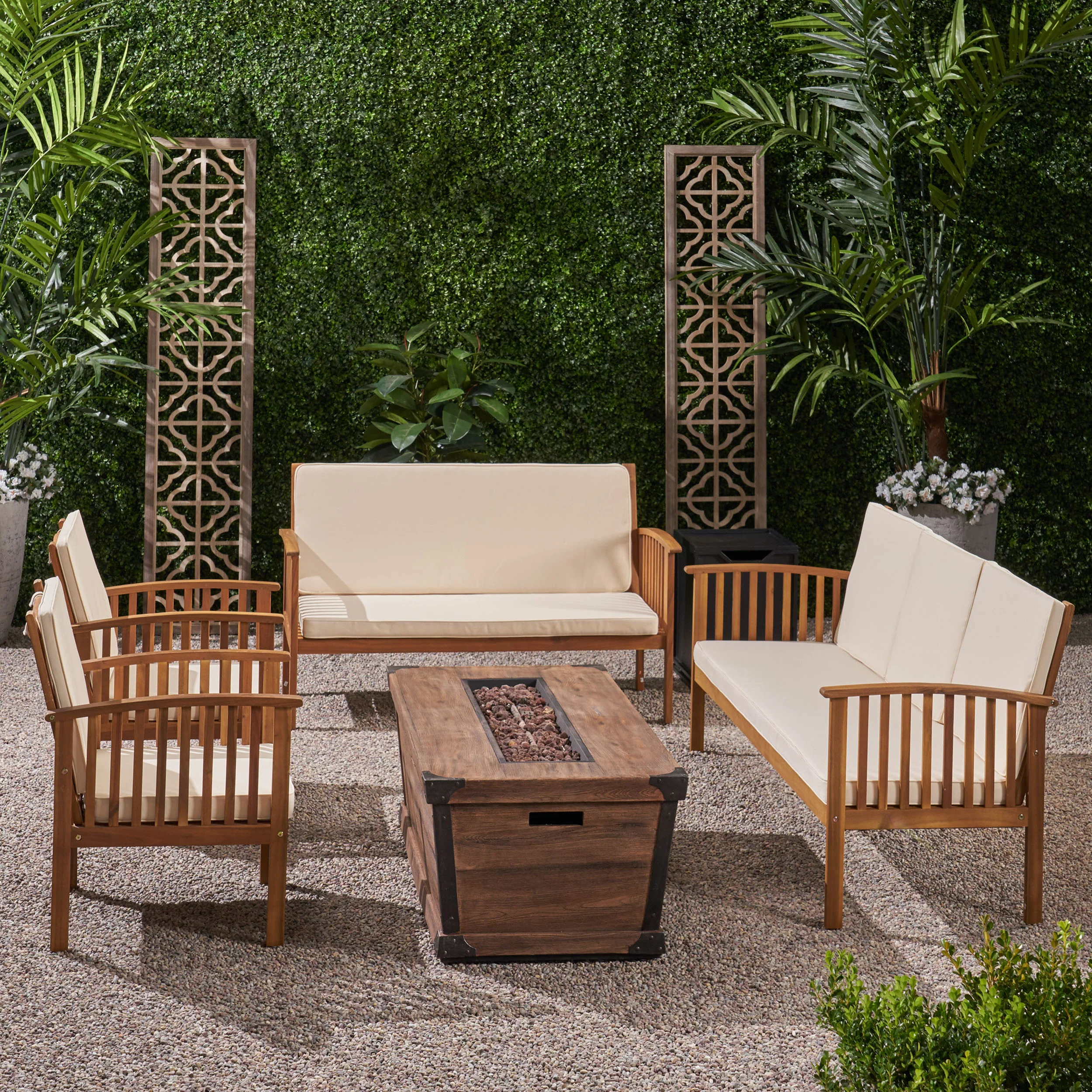 Beckley Outdoor 4 Piece Acacia Wood Conversational Set with Cushions and Fire Pit - furnishings