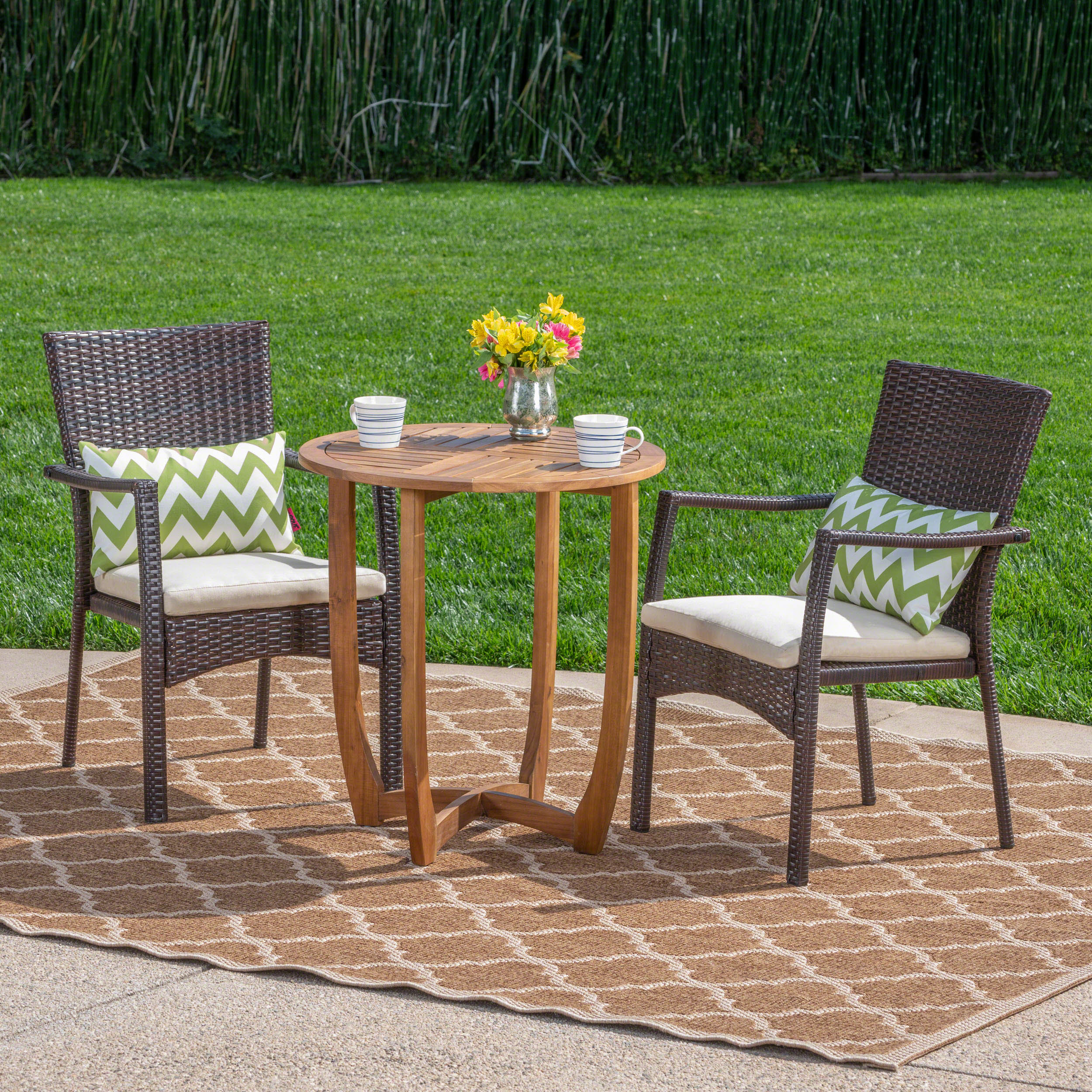 Leyam Outdoor 3 Piece Acacia Wood/ Wicker Bistro Set with Cushions, Teak Finish and Brown with Cr?¡ì?¡ìme - furnishings