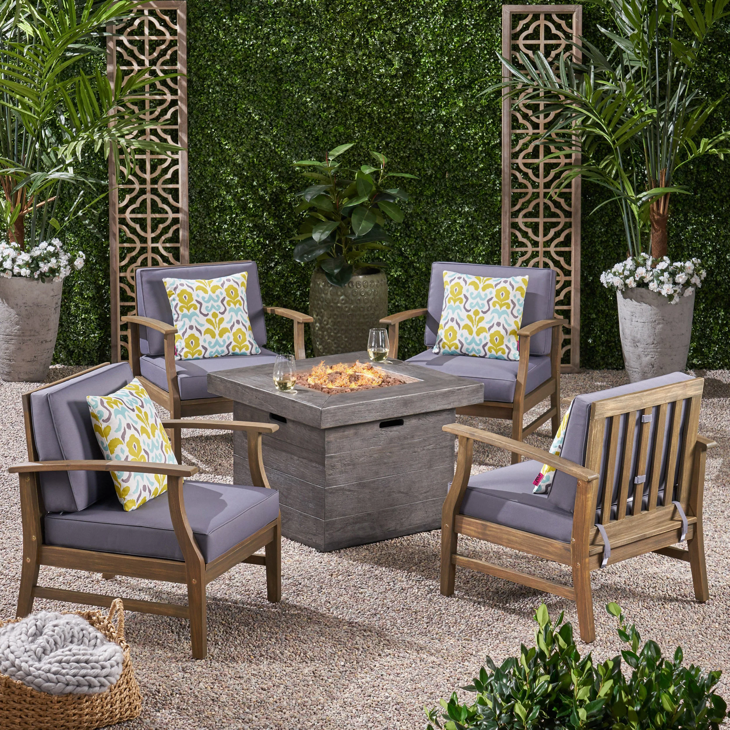 Easter Outdoor 5 Piece Acacia Wood Club Chair and Fire Pit Set, Gray Finish and Gray - furnishings