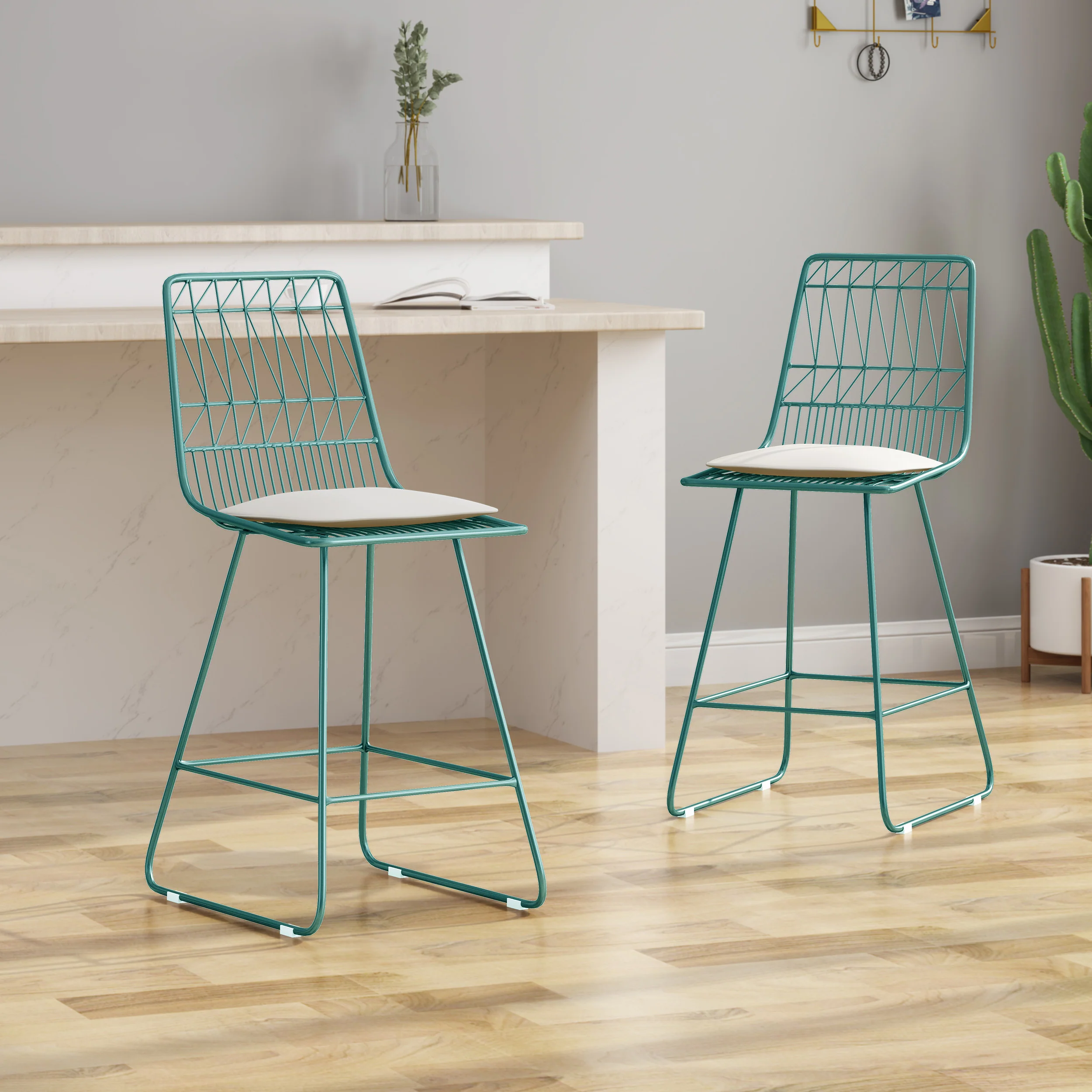 Hedy Outdoor Wire Counter Stools with Cushions (Set of 2), Teal and Ivory - furnishings