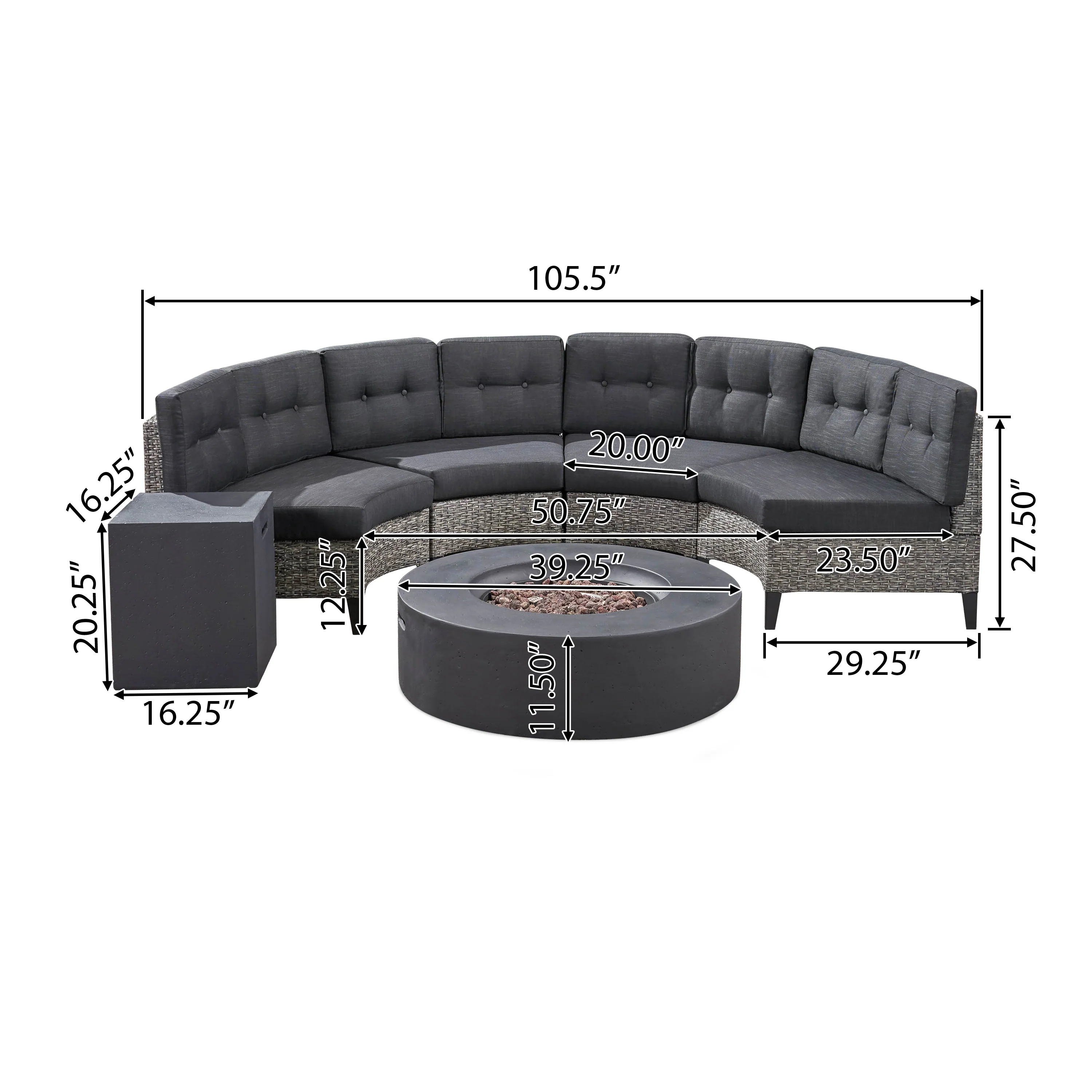 Nessett Outdoor 6 Piece Mixed Black Wicker Half Round Sofa Set with Dark Grey Fire Table - furnishings