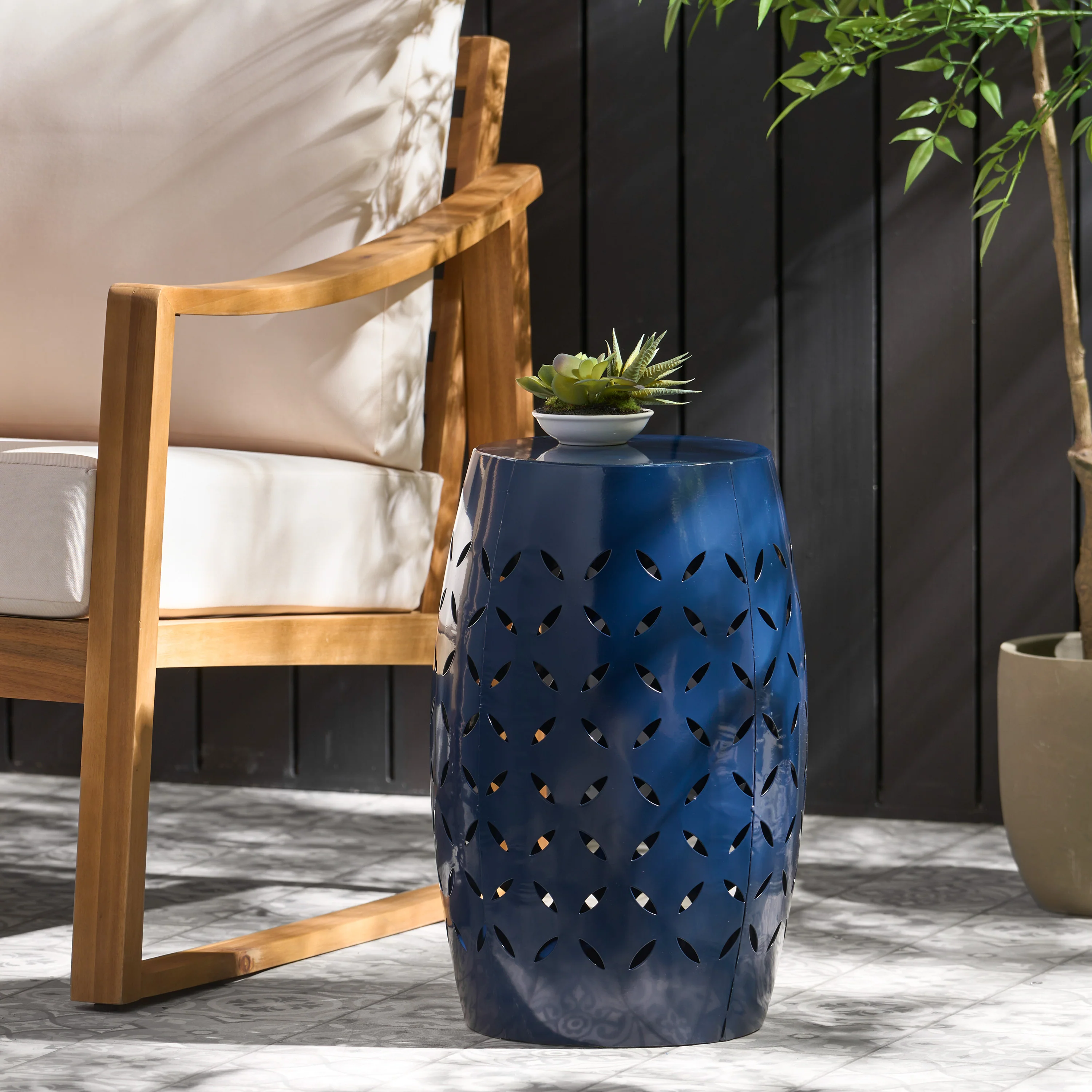 Lilly Outdoor Modern 12-Inch Criss-Cross Cut Metal Barrel Side Table - furnishings
