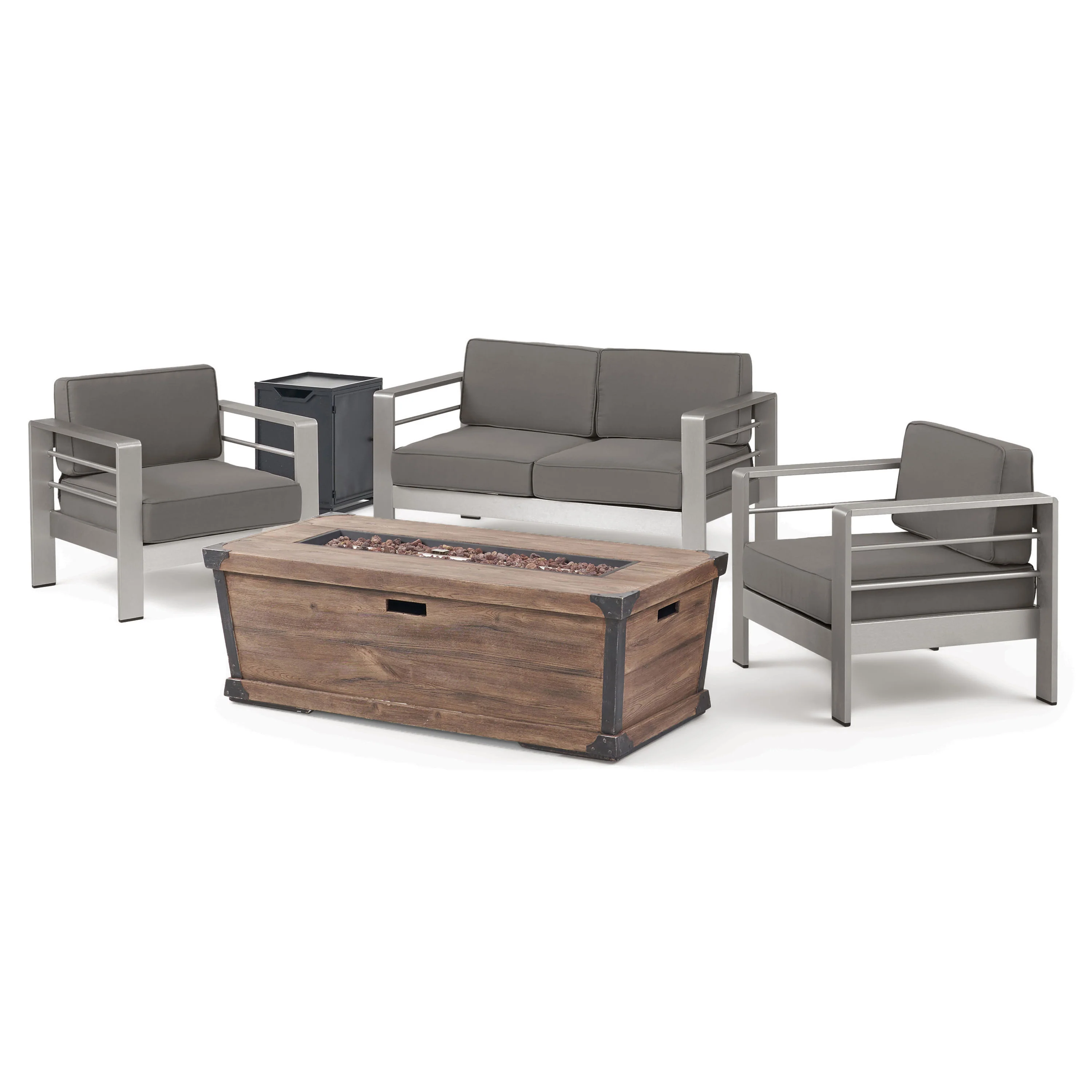 Cherie Outdoor 3 Piece Aluminum Chat Set with Cushions and Fire Pit - furnishings
