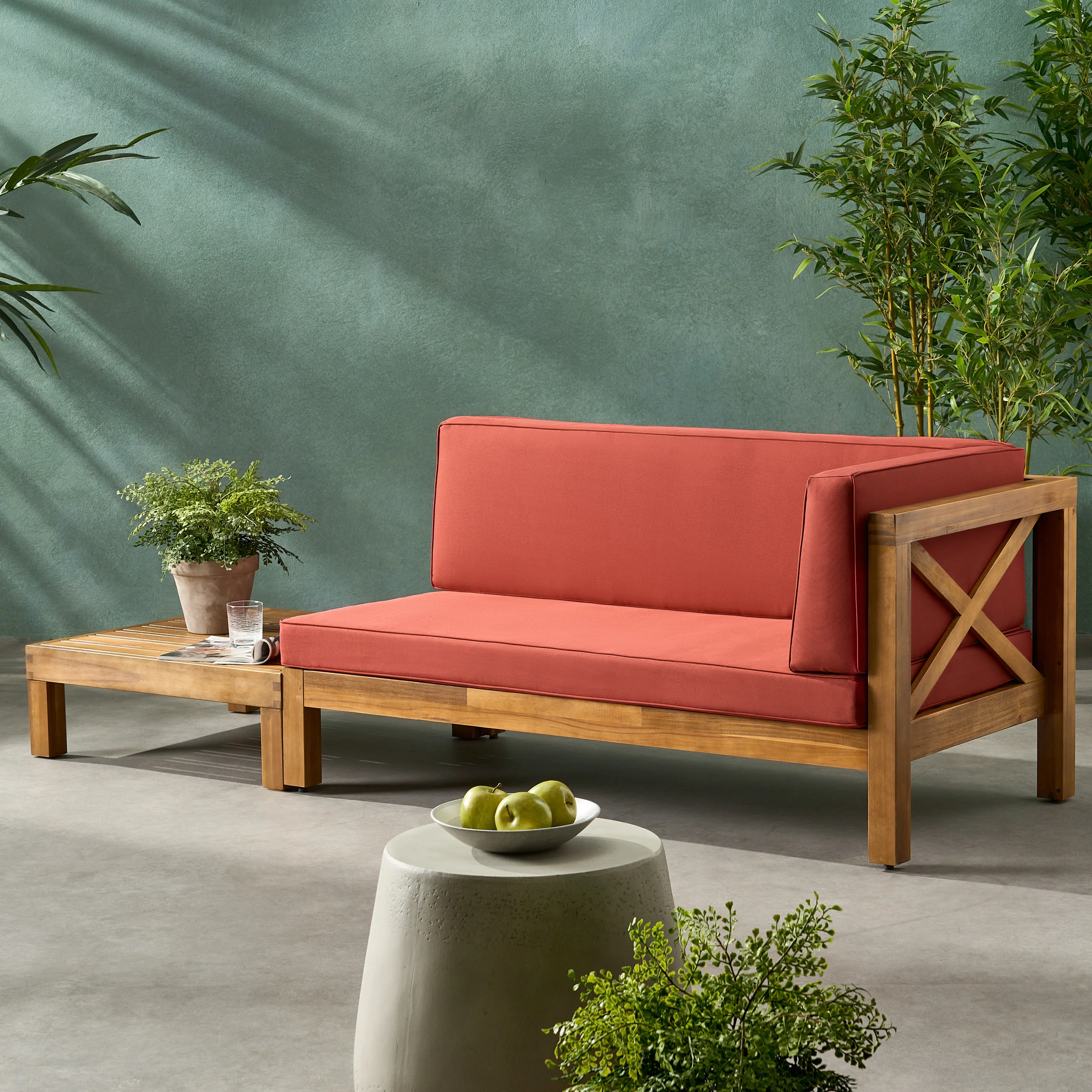 Keith Outdoor Acacia Wood Right Arm Loveseat and Coffee Table Set with Cushion - furnishings