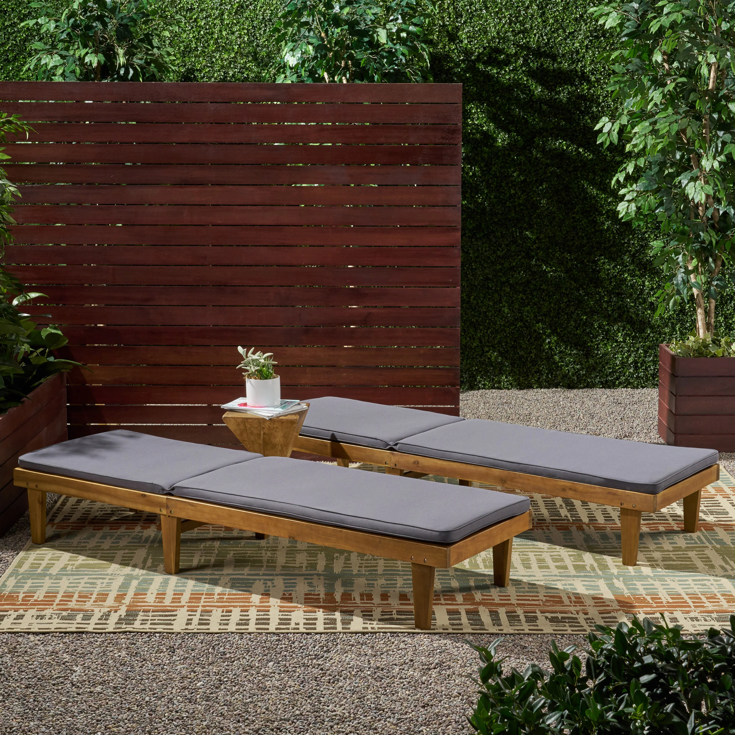 Nadine Outdoor Modern Acacia Wood Chaise Lounge with Cushion (Set of 2) - furnishings