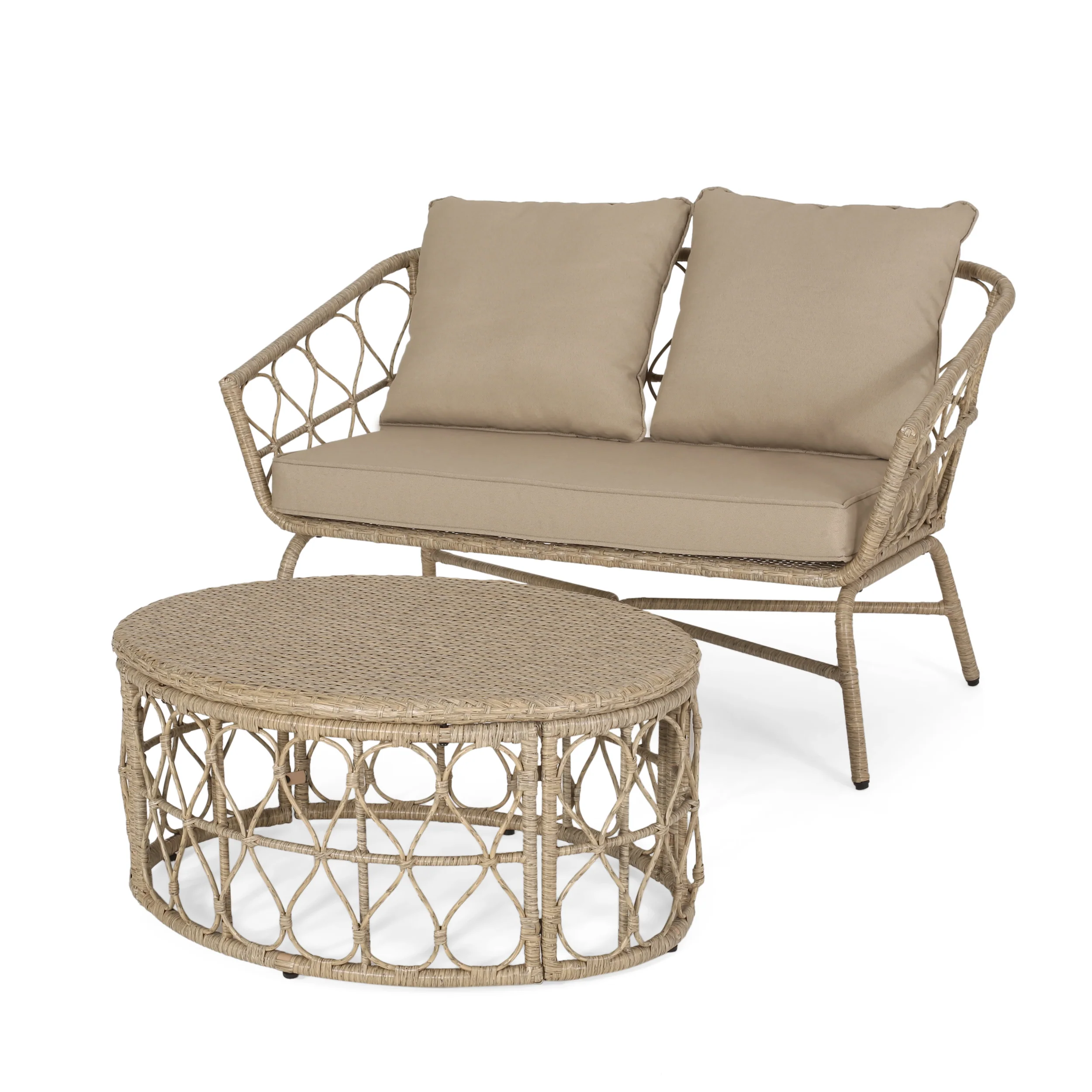 Colmar Outdoor Wicker Loveseat and Coffee Table Set, Light Brown and Beige - furnishings