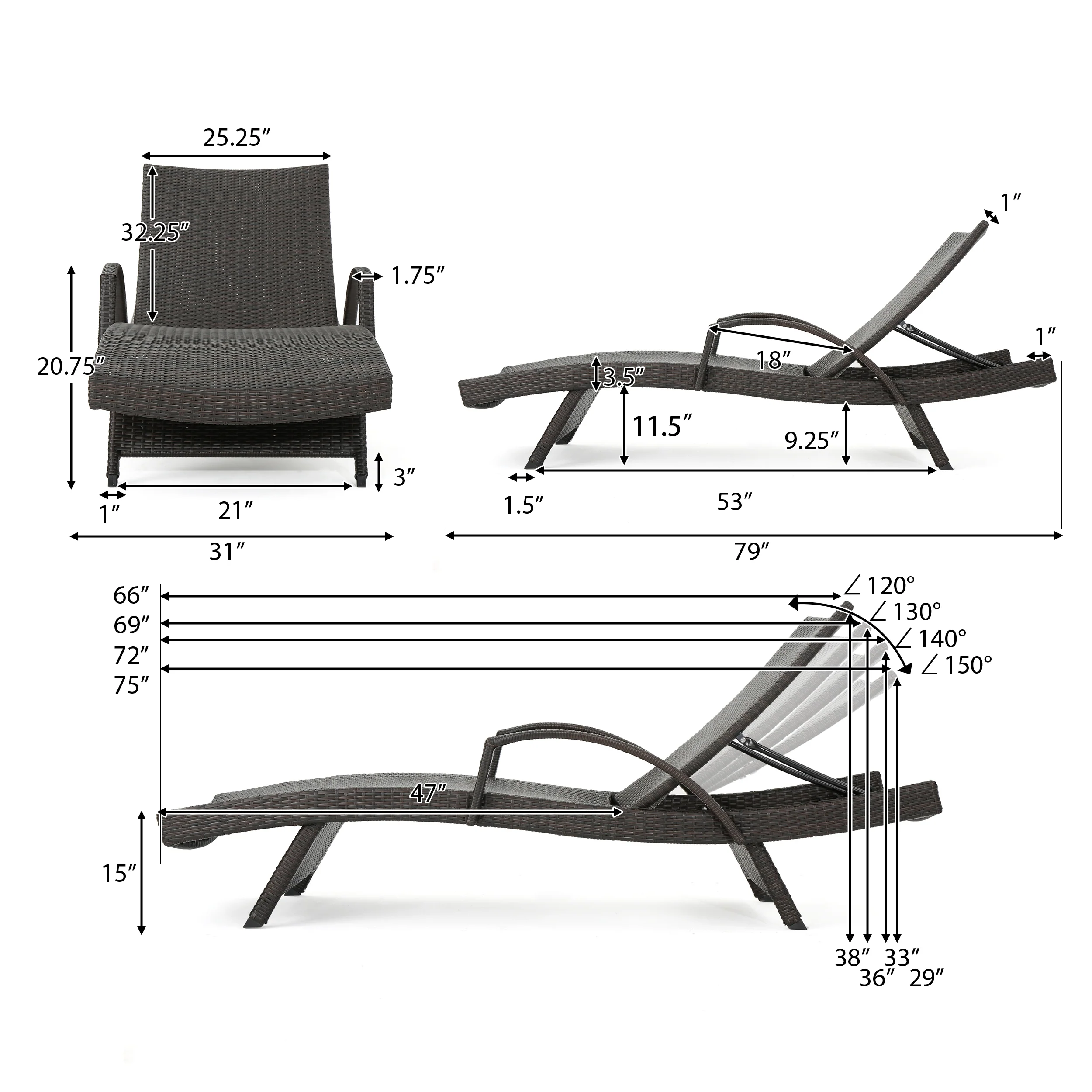 Lakeport Outdoor 3 Piece Mutlibrown Wicker Chaise Lounge Set with Table - furnishings