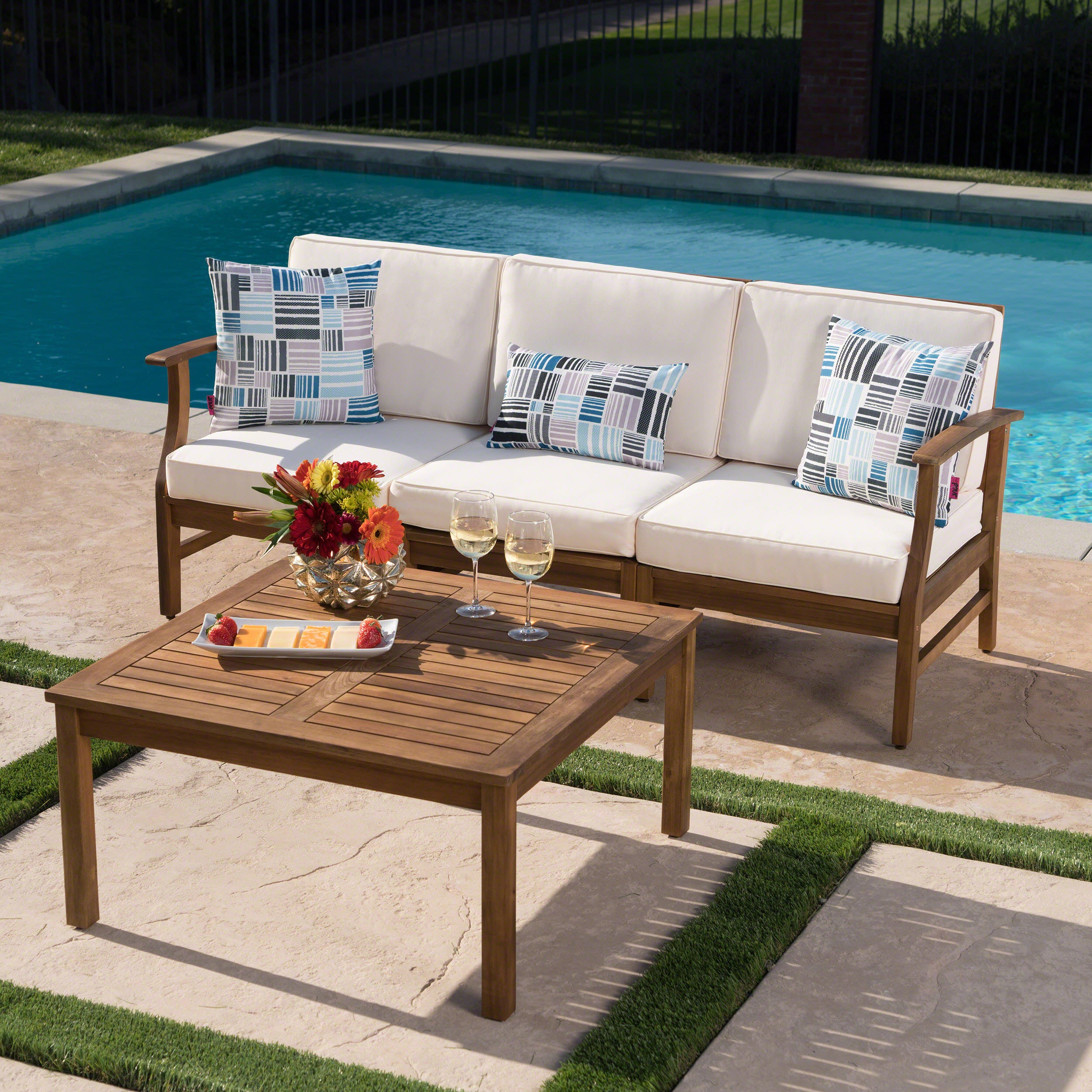 Scarlett Outdoor 3 Seat Teak Finished Acacia Wood Sofa and Table Set - furnishings