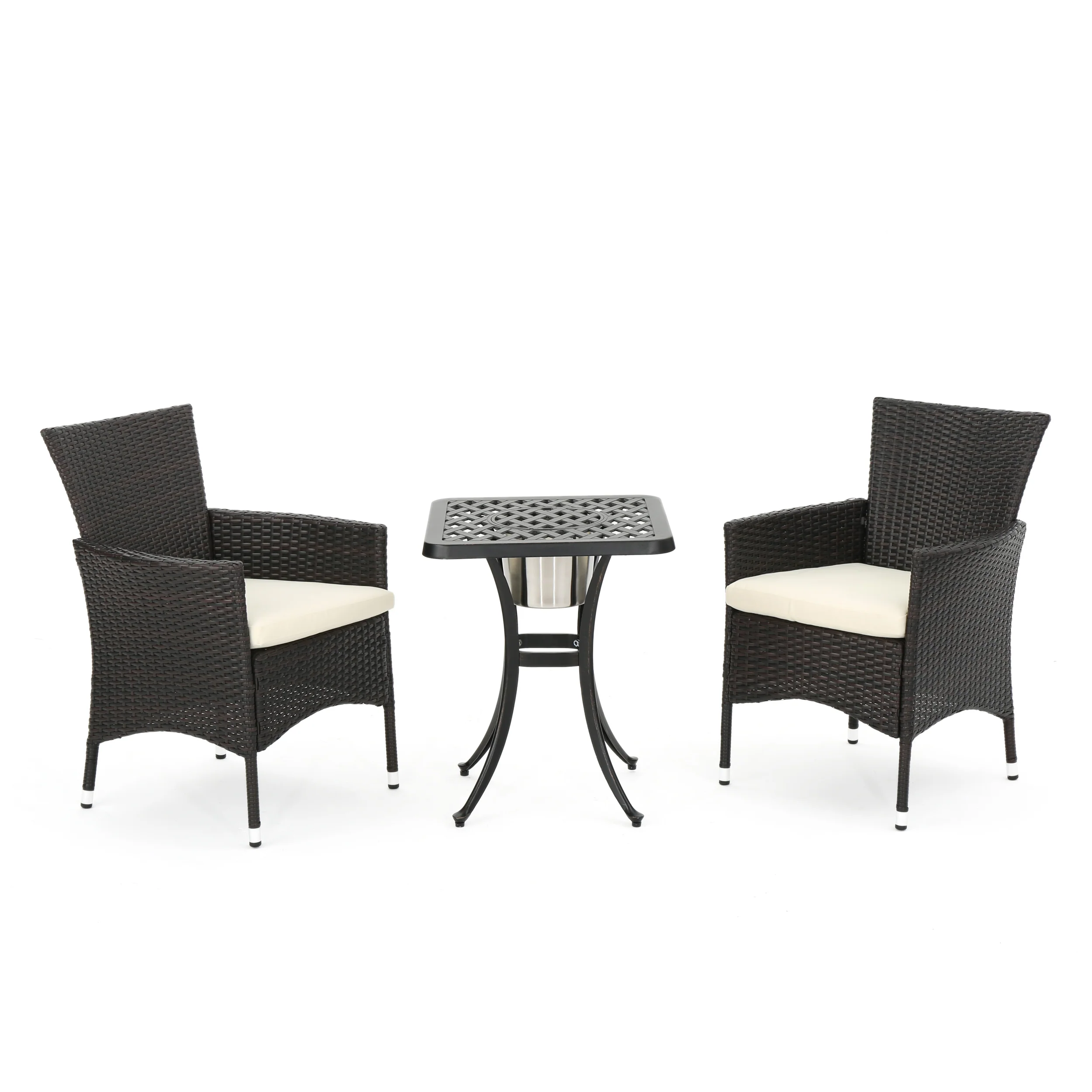 Ariel Outdoor 3Pc Wicker Bistro Set w/ Water Resistant Cushions - furnishings