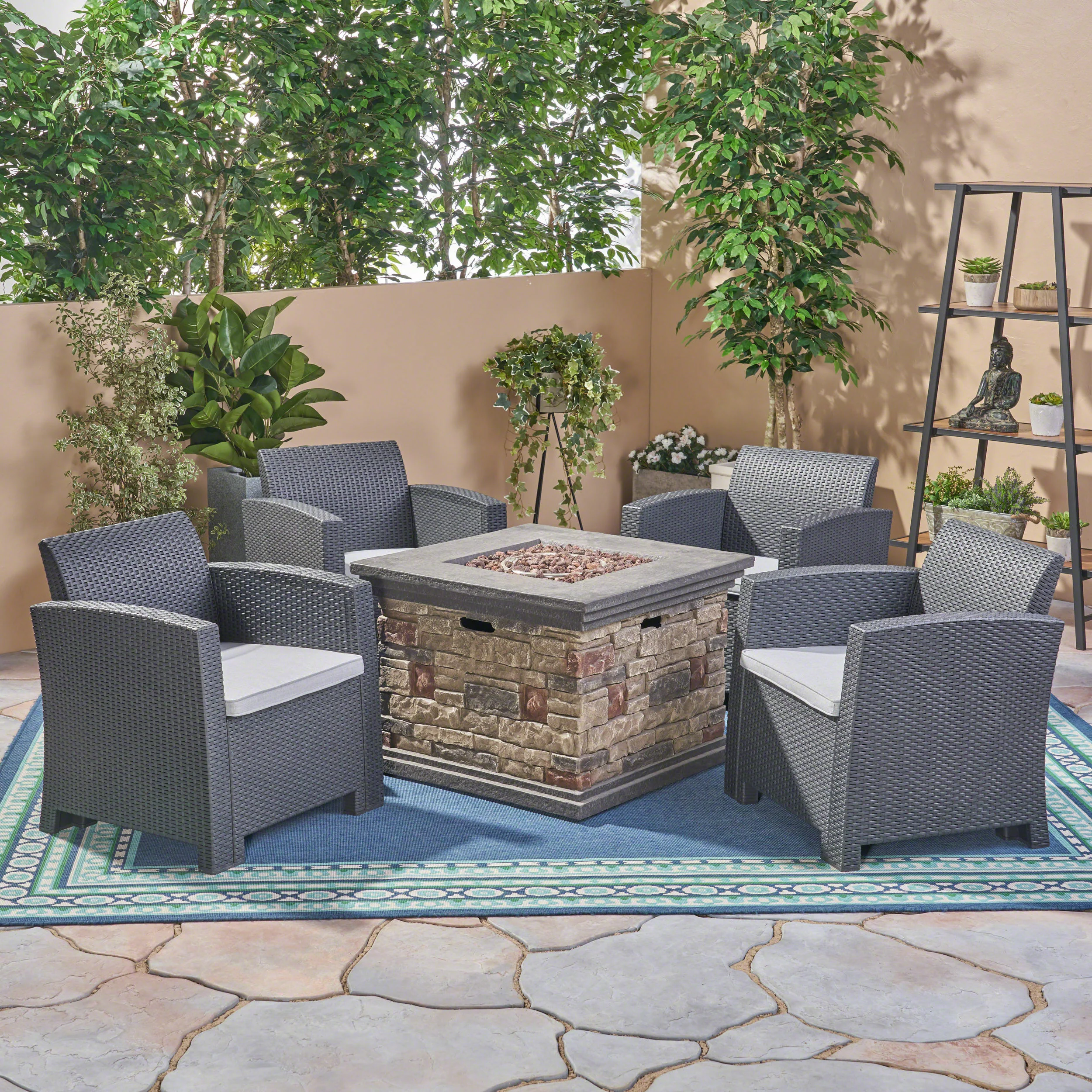 Casey Outdoor 4-Seater Wicker Print Club Chair Chat Set with Fire Pit - furnishings