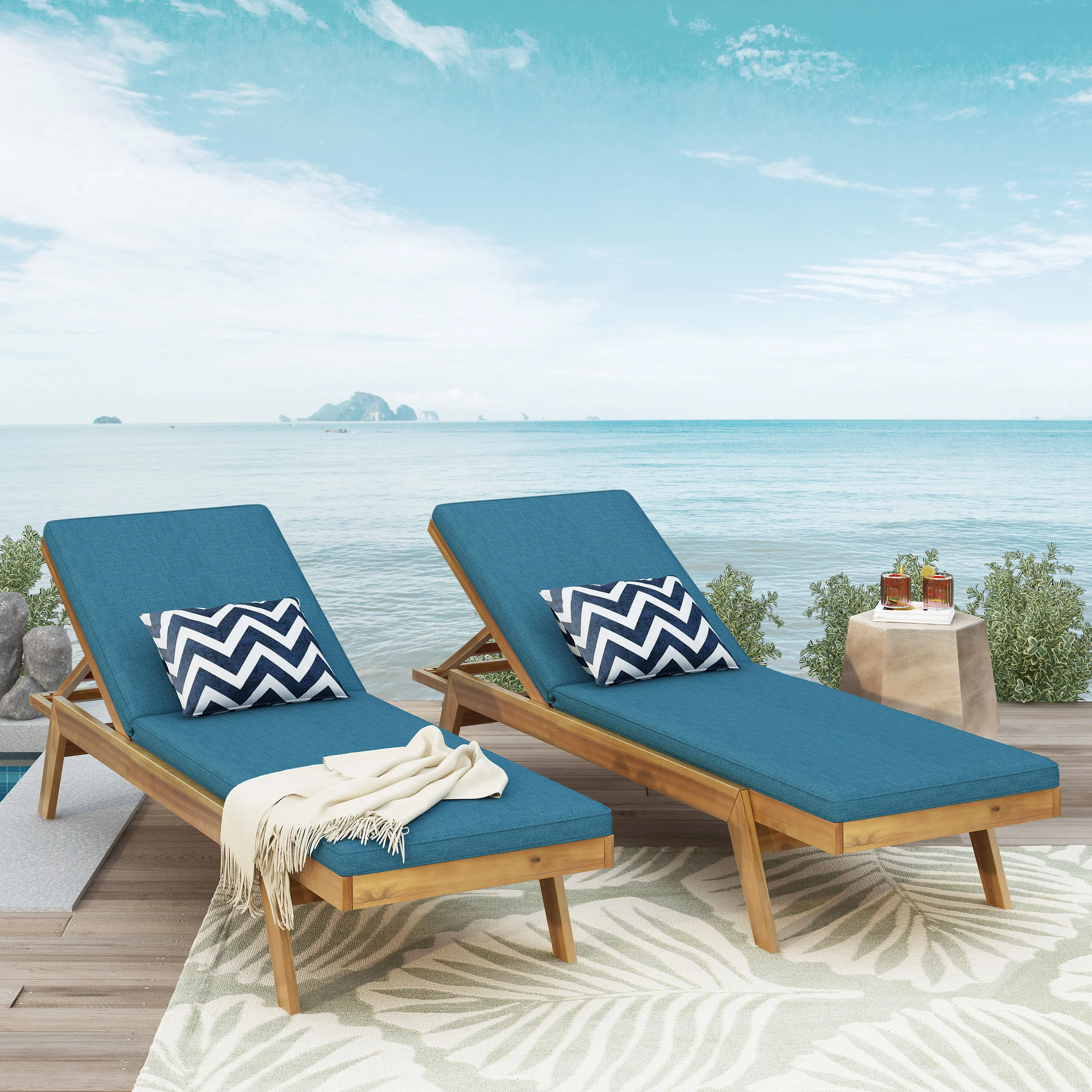 Larimore Outdoor Acacia Wood Chaise Lounge with Water Resistant Cushions, Set of 2 - furnishings