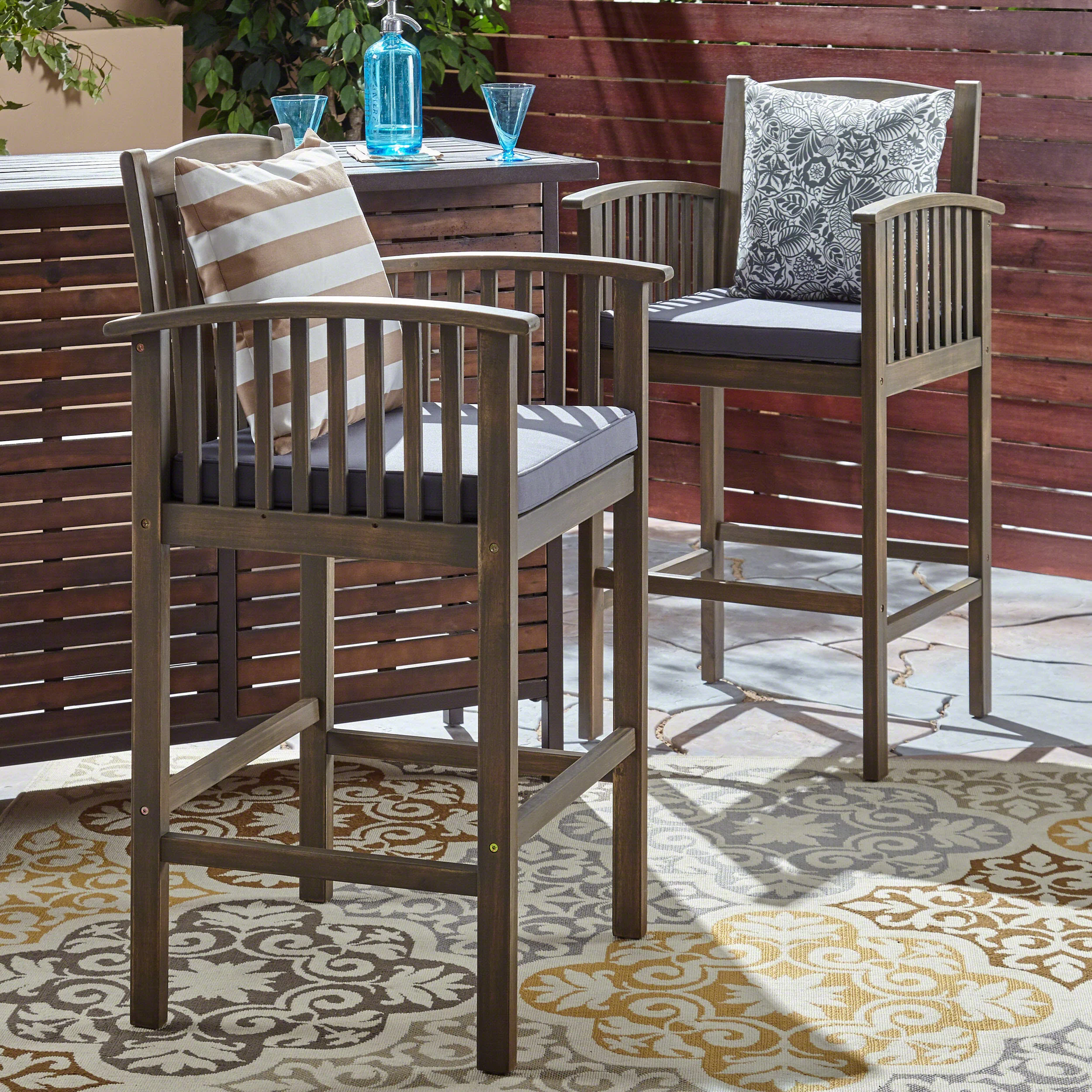 Grace Outdoor Acacia Barstools, Gray Finish and Dark (Set of 2) - furnishings