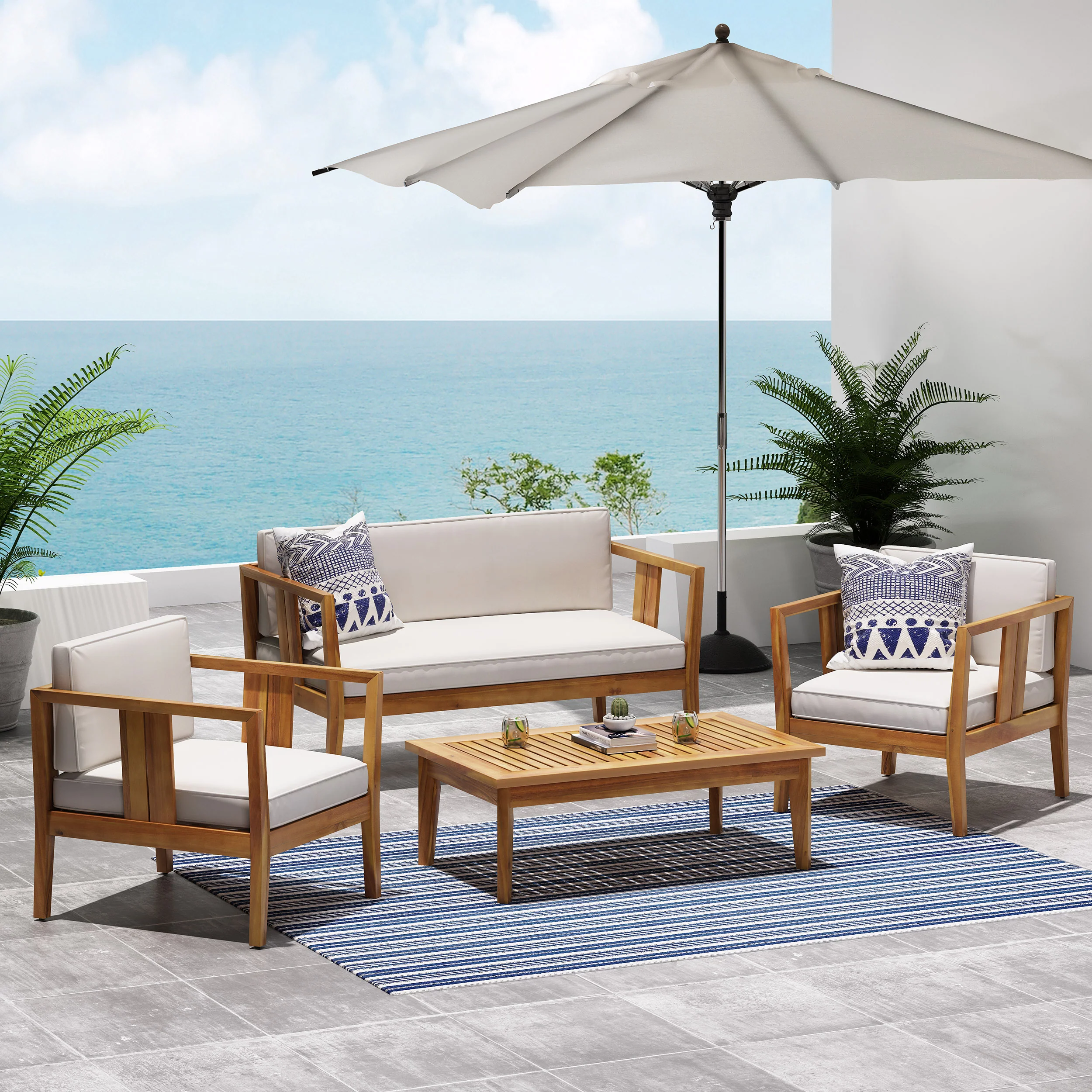Saman Outdoor 4 Seater Acacia Wood Chat Set - furnishings
