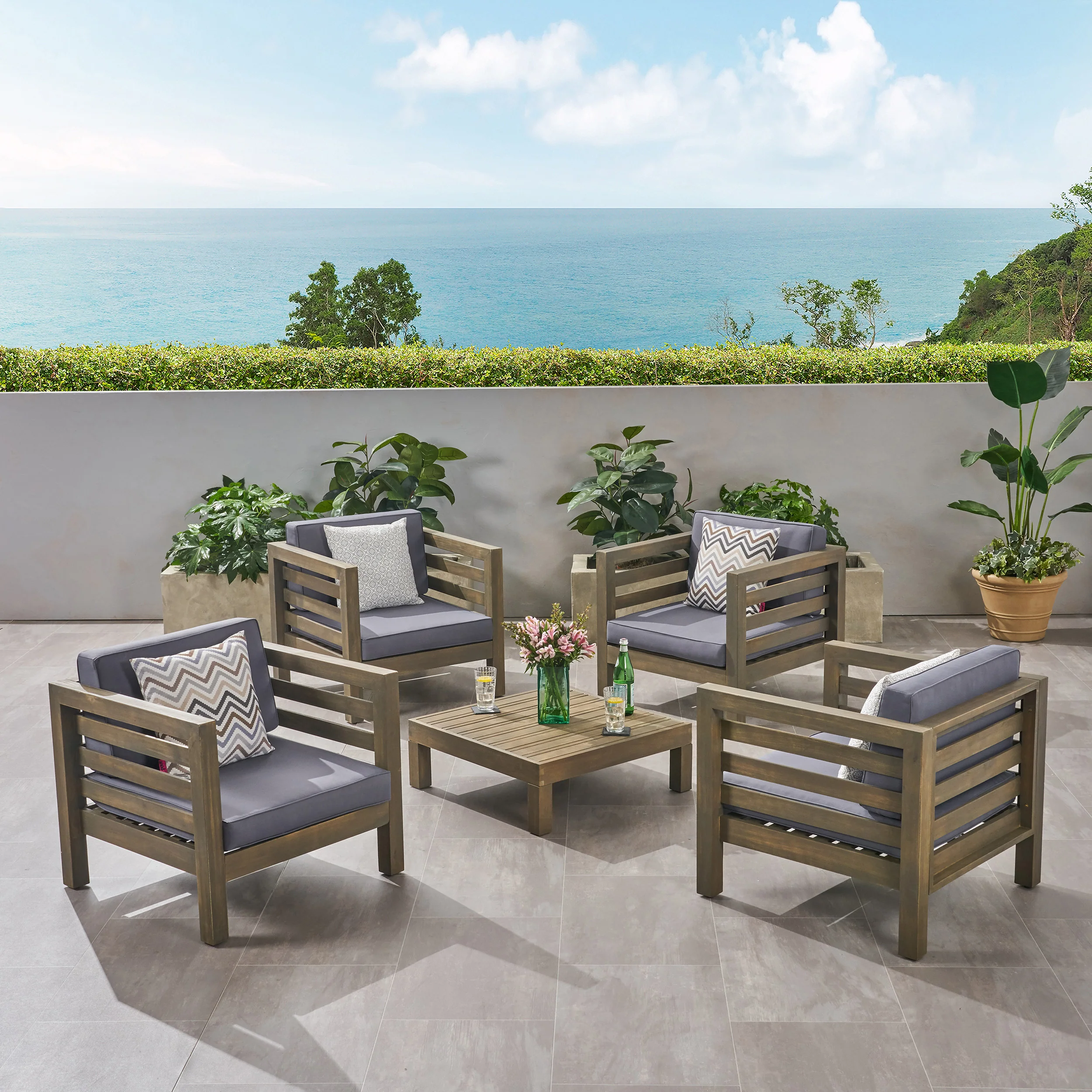 Emma Outdoor 4 Seater Acacia Wood Club Chair and Coffee Table Set - furnishings