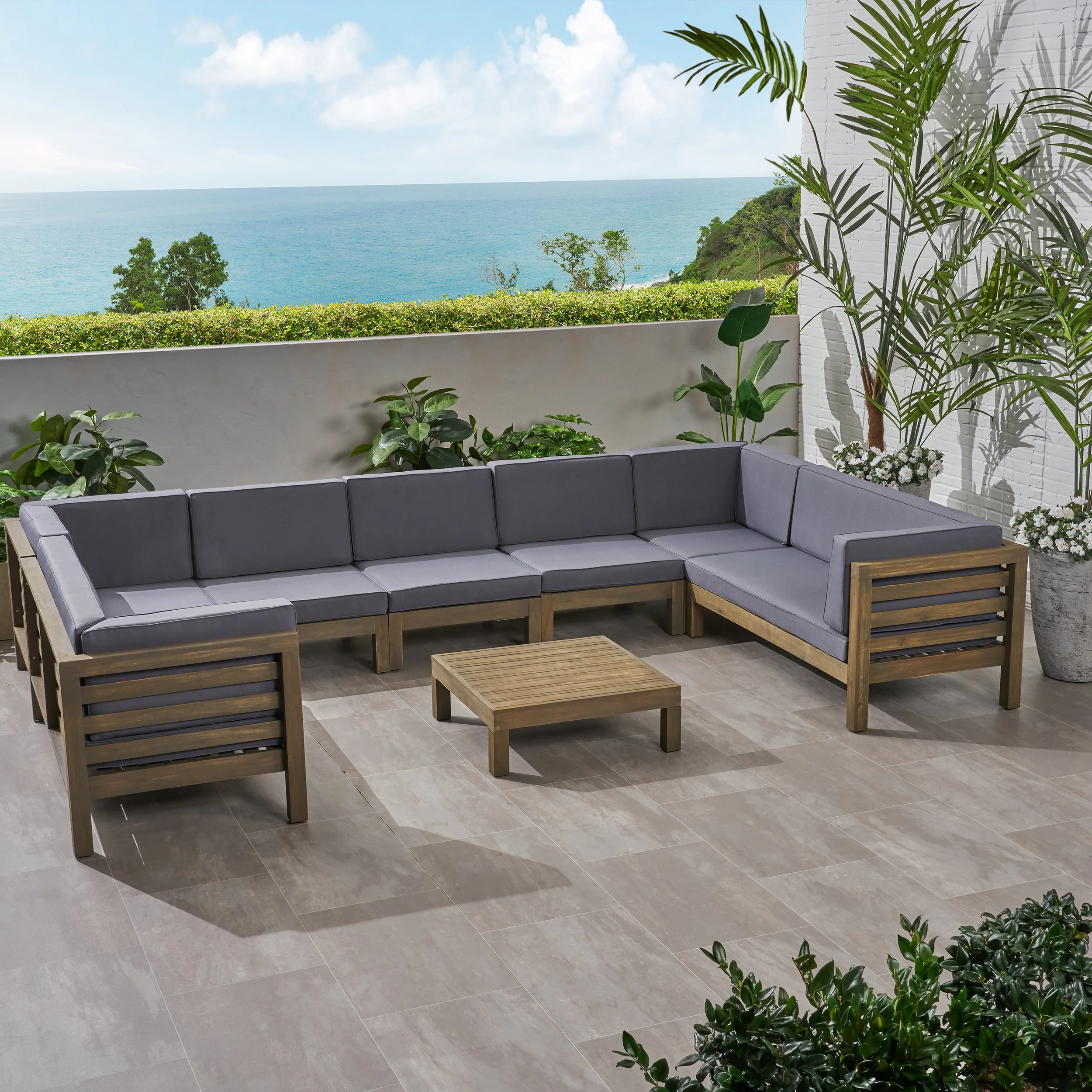 Emma Outdoor 9 Seater Acacia Wood Sectional Sofa Set - furnishings