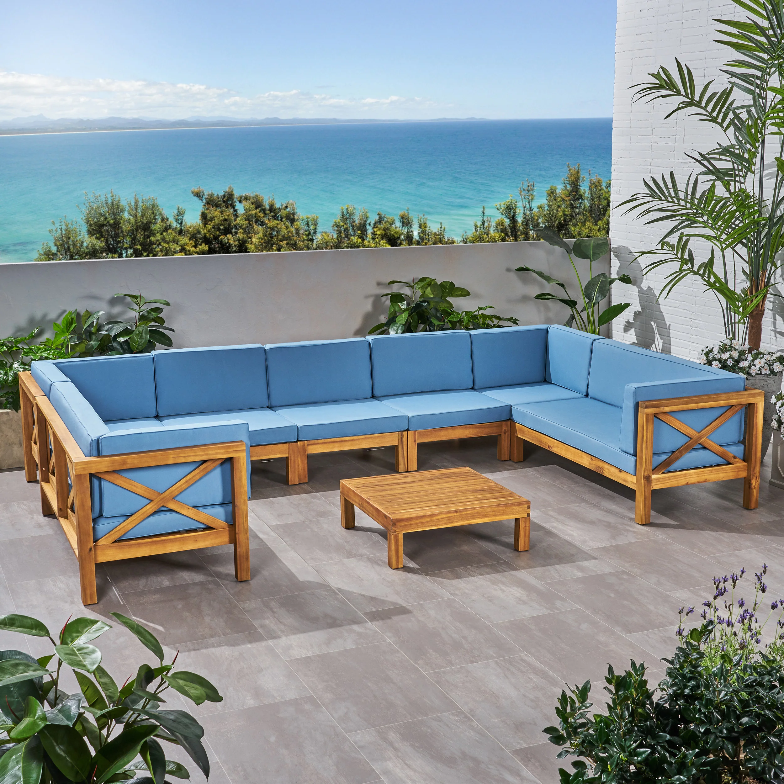 Isabella Outdoor 9 Seater Acacia Wood Sectional Sofa Set - furnishings