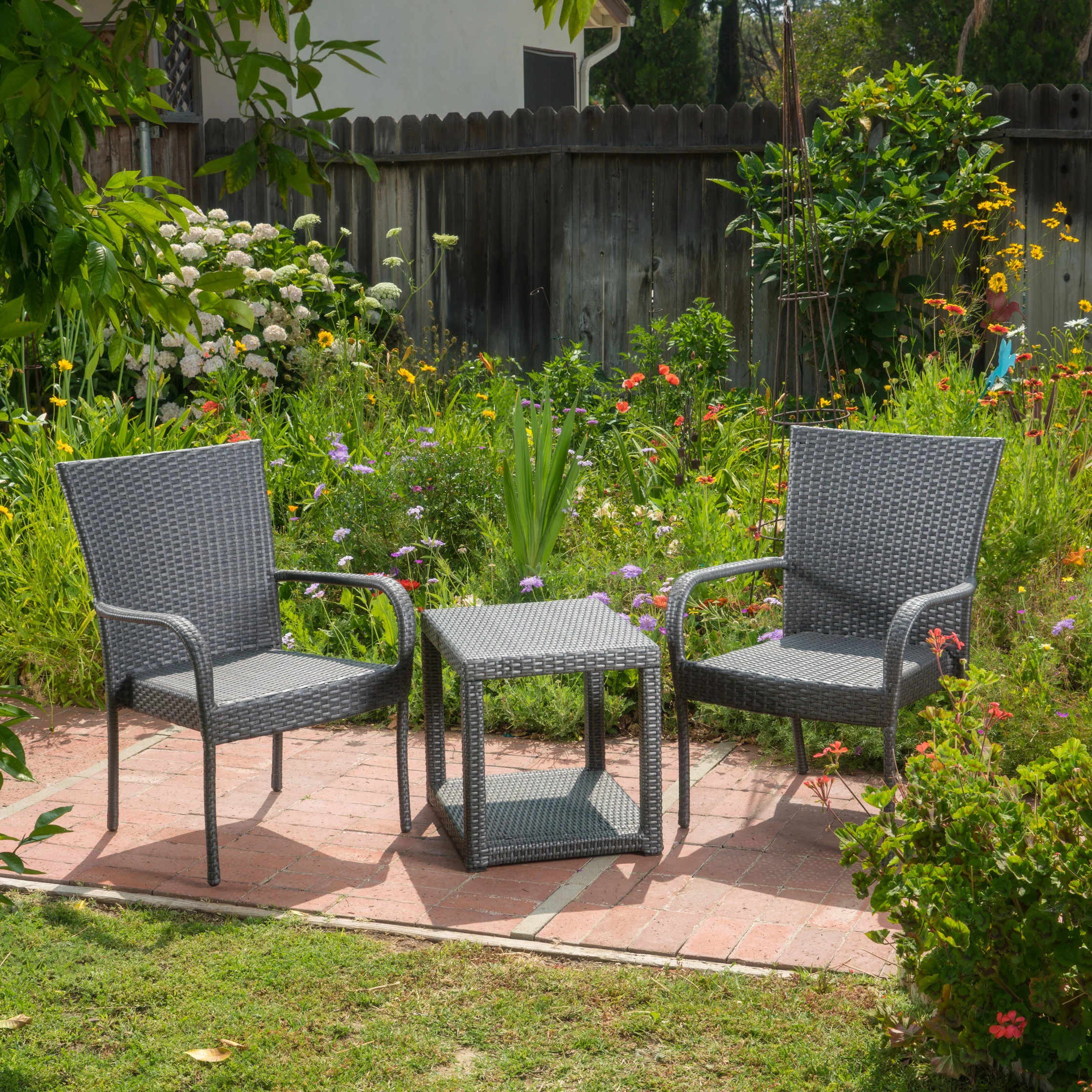 Parham Outdoor 3 Piece Grey Wicker Stacking Chair Chat Set - furnishings