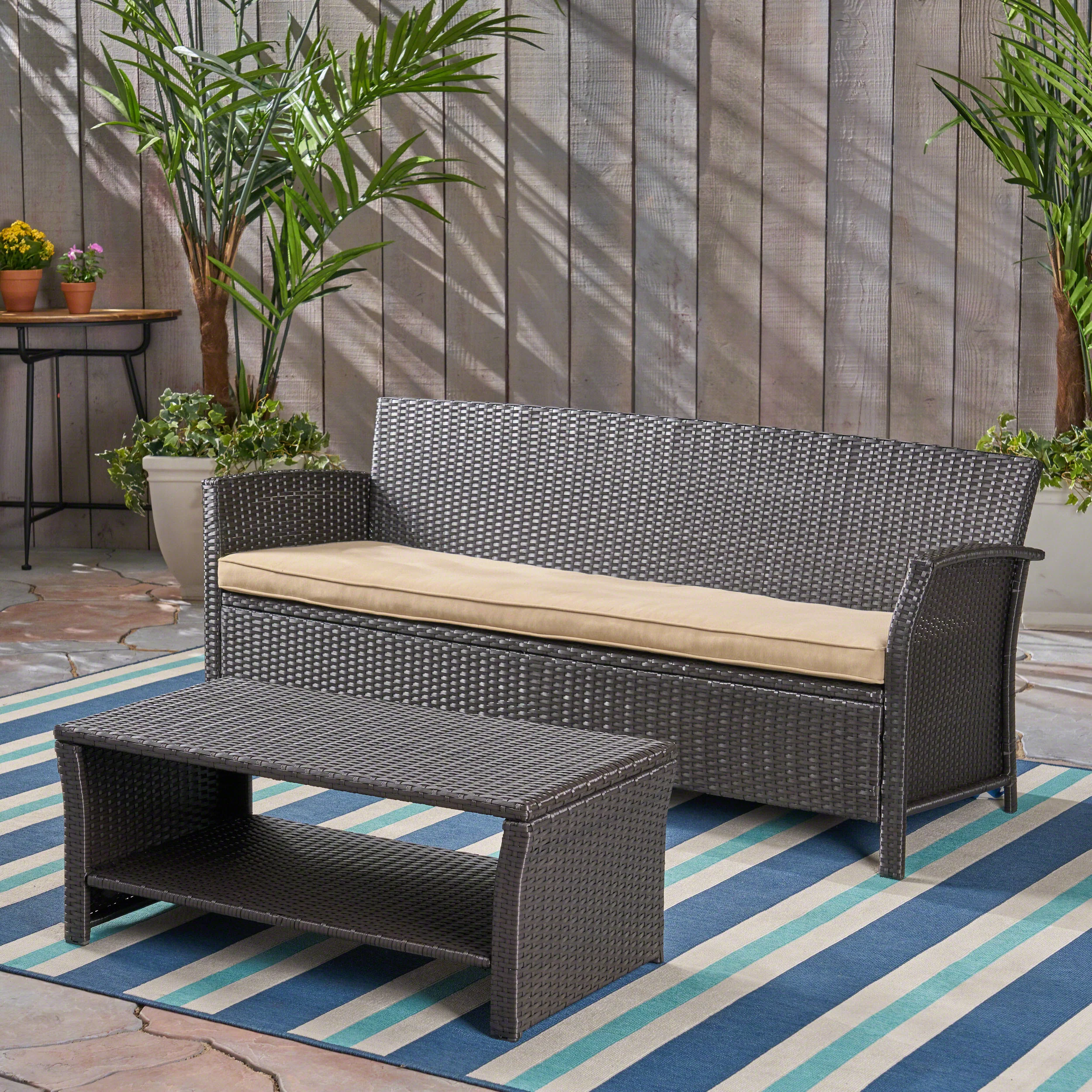 Laiah Outdoor Wicker 3-Seater Sofa with Coffee Table - furnishings