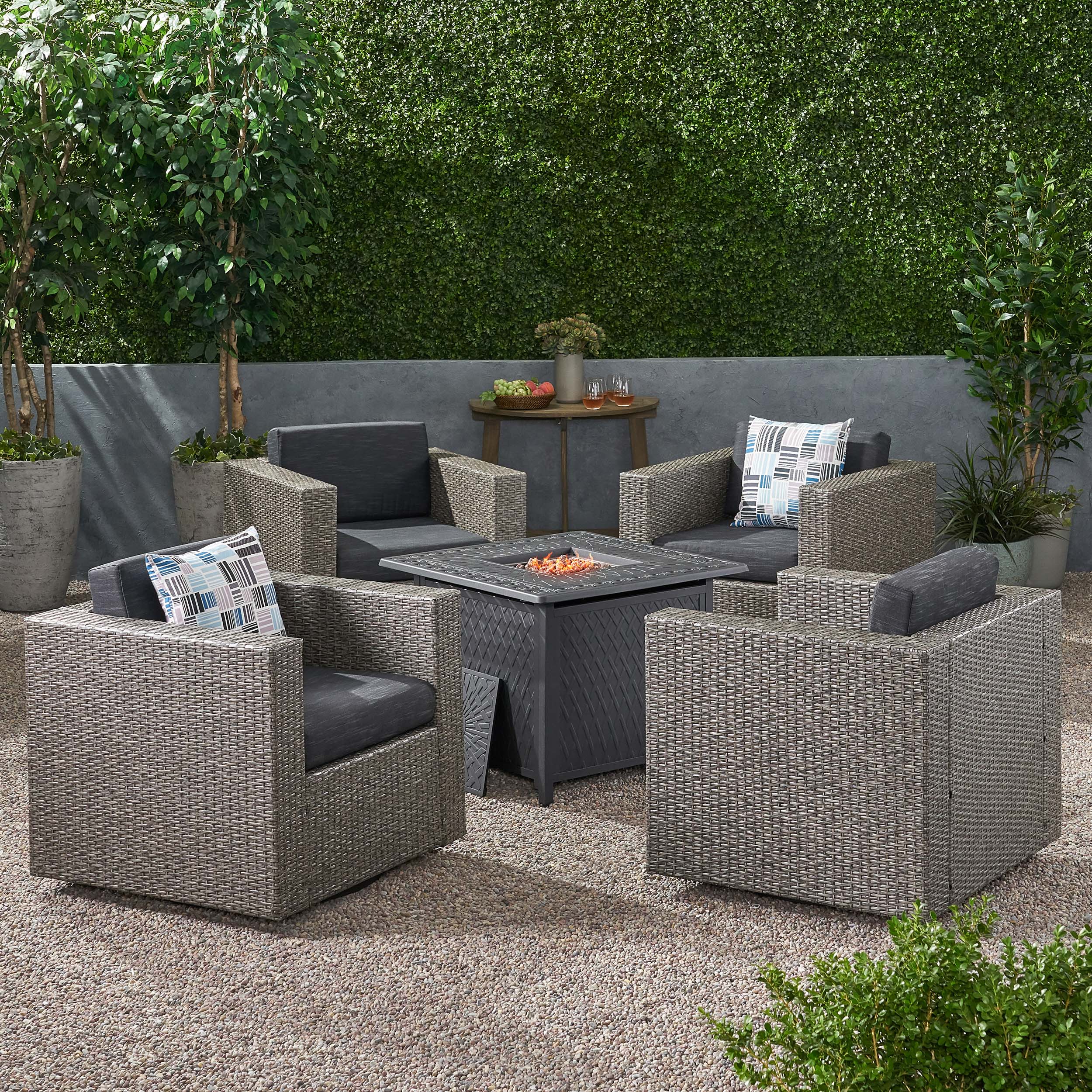 Calella Outdoor 4 Seater Wicker Swivel Chair and Fire Pit Set - furnishings