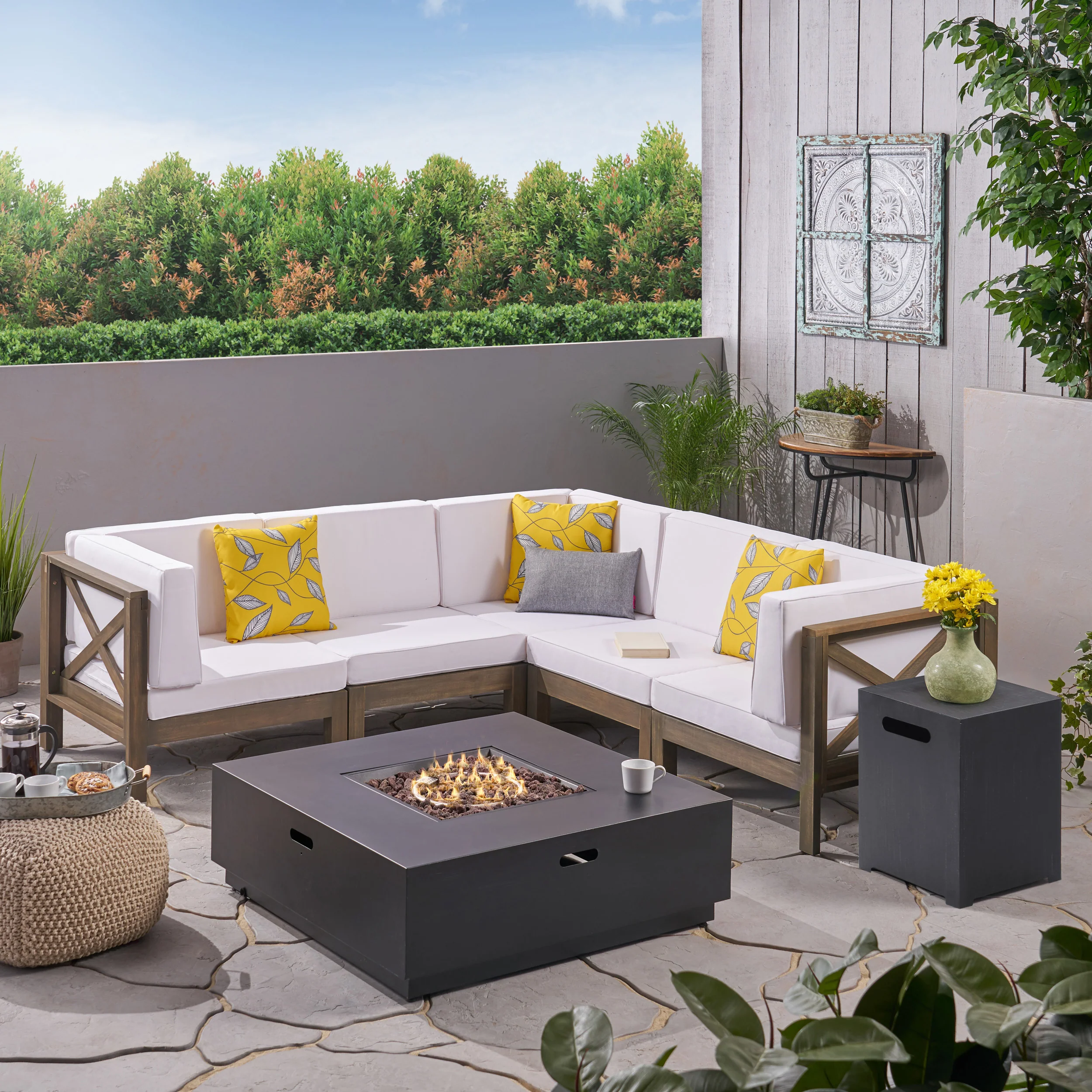 Gina Outdoor Acacia Wood 5 Seater Sectional Sofa Set with Fire Pit - furnishings