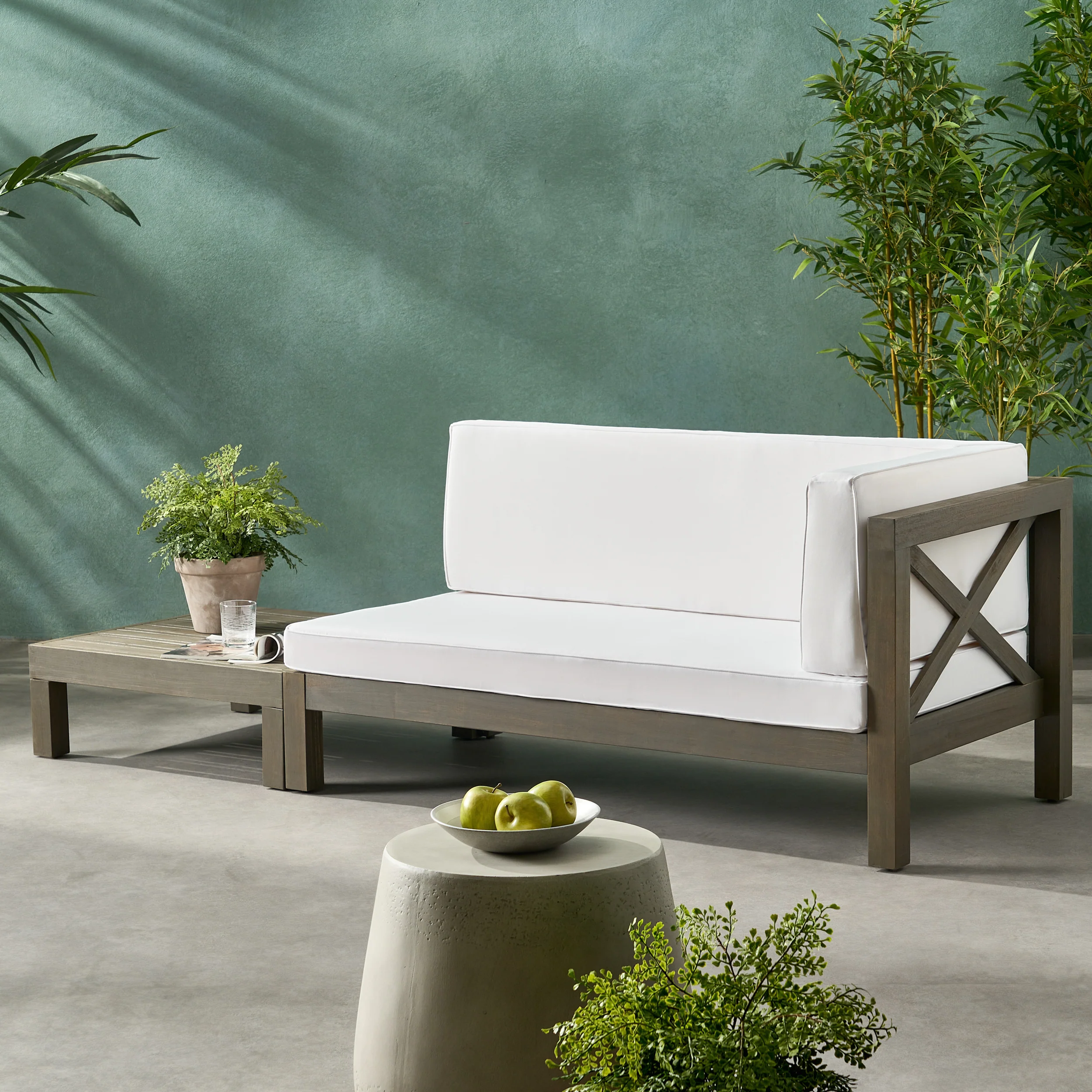 Keith Outdoor Acacia Wood Right Arm Loveseat and Coffee Table Set with Cushion - furnishings